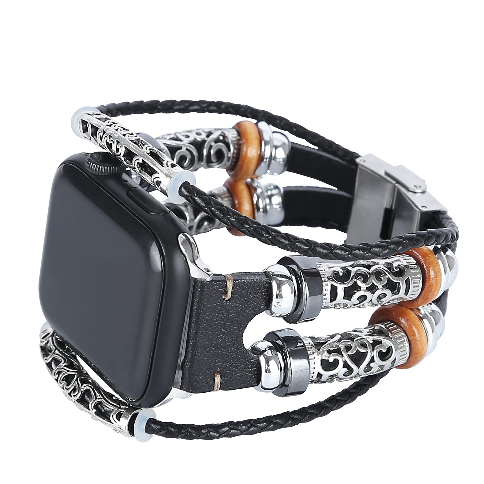 BOVIPO Compatible with Apple Watch Band 44mm 42mm 40mm 38mm, Leather Beaded Bracelets for iwatch Series SE 6 5 4 3 2 1, Jewelry Strap with Stainless Steel Buckle for Women Men
