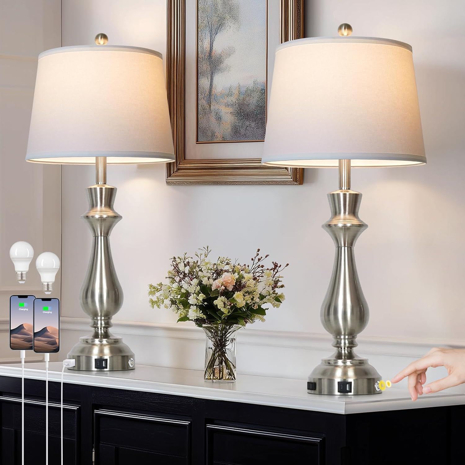 Silver Touch Lamps for Night Stands Set of 2-29.5" Tall Bedside Lamp with USB C+A, 3 Way Dimmable Bedroom Lamps, Brushed Nickel Table Lamps for Living Room