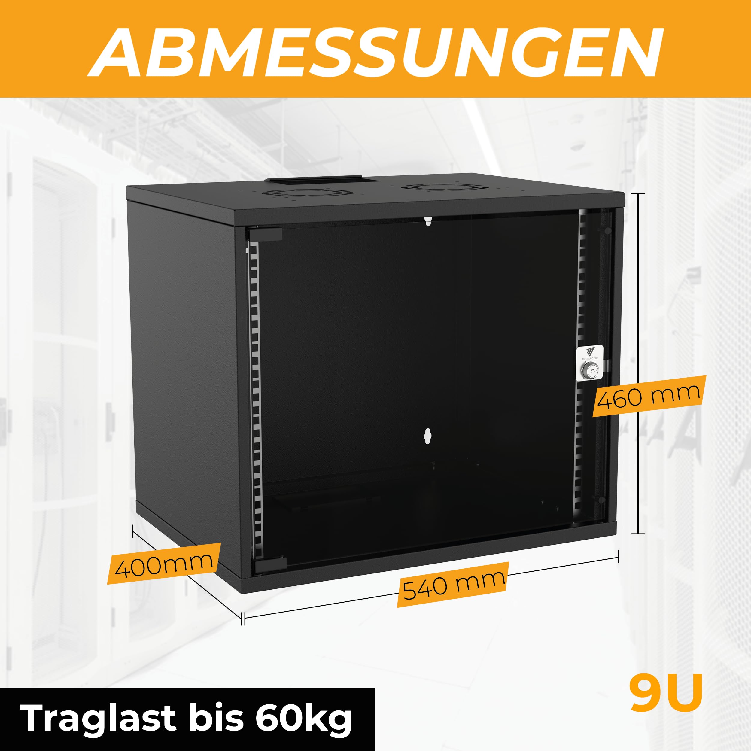 Netzwerkschrank - Serverschrank 19 Zoll 9HE - Server-Racks für Wandmontage - EDV-Gehäuse mit Traglast 60kg - 400 x 540 x 460 mm Schwarz