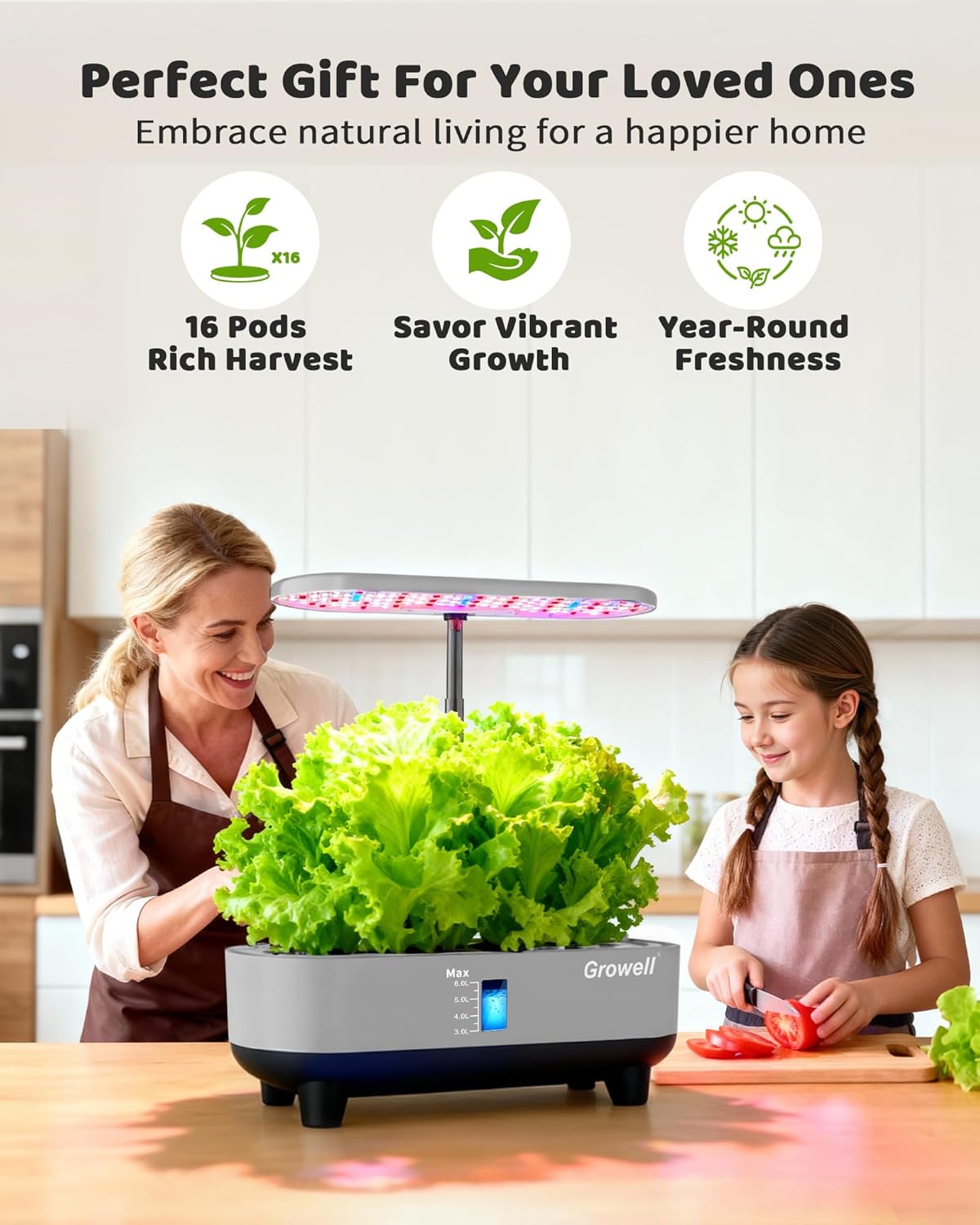 Growell Hydroponics Growing System Kit, 16 Pods, Vertical 8L Indoor Gardening System for Herb Vegetable Fruit, Hydro Garden with LED Grow Light, Smart Water Circulation, 3 Light Modes & 2 Timer, Gray