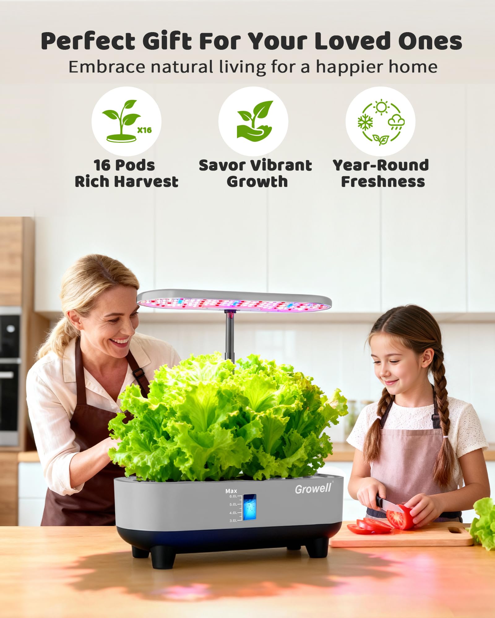 Growell Kit de sistema de cultivo hidropónico, 16 cápsulas, sistema vertical de jardinería interior de 8 L para hierbas, verduras, frutas, con luz LED de crecimiento, circulación inteligente de agua