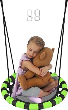 AIYAPLAY Kids Nest Swing Seat, Hanging Set with Height Adjustable Ropes for Kids, 60cm Diameter Round Saucer Swing Chair for Outdoor, Garden, Black/Green
