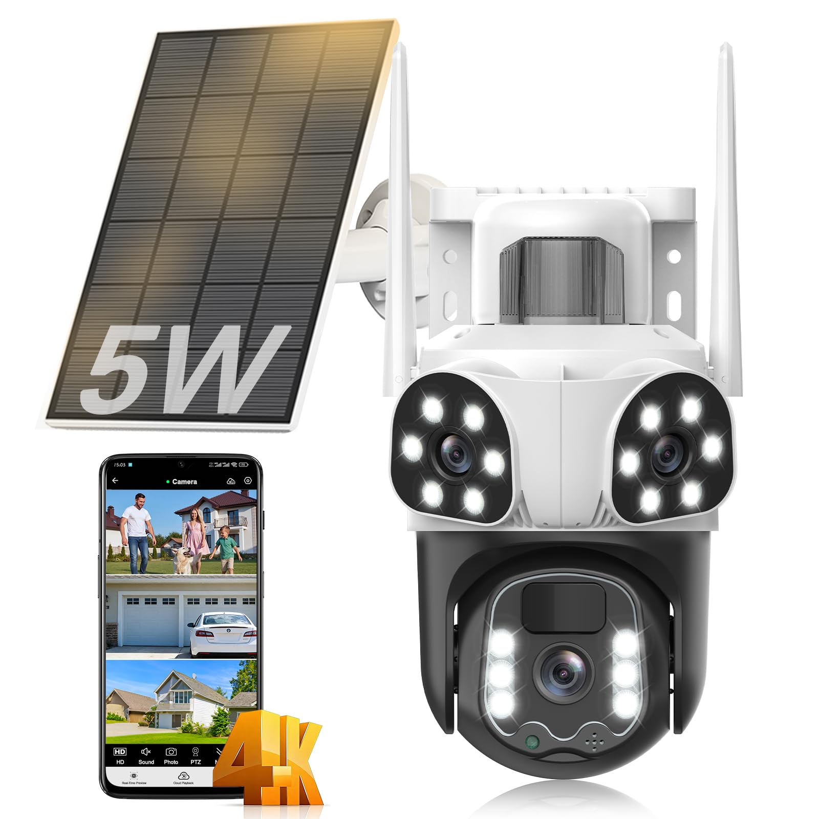 8MP Triple Lens Outdoor WiFi Surveillance Camera with Solar Panel, 355°PTZ, Human PIR Detection, Color Night Vision, Auto Tracking, Two-Way Audio, Siren, 2.4GHz