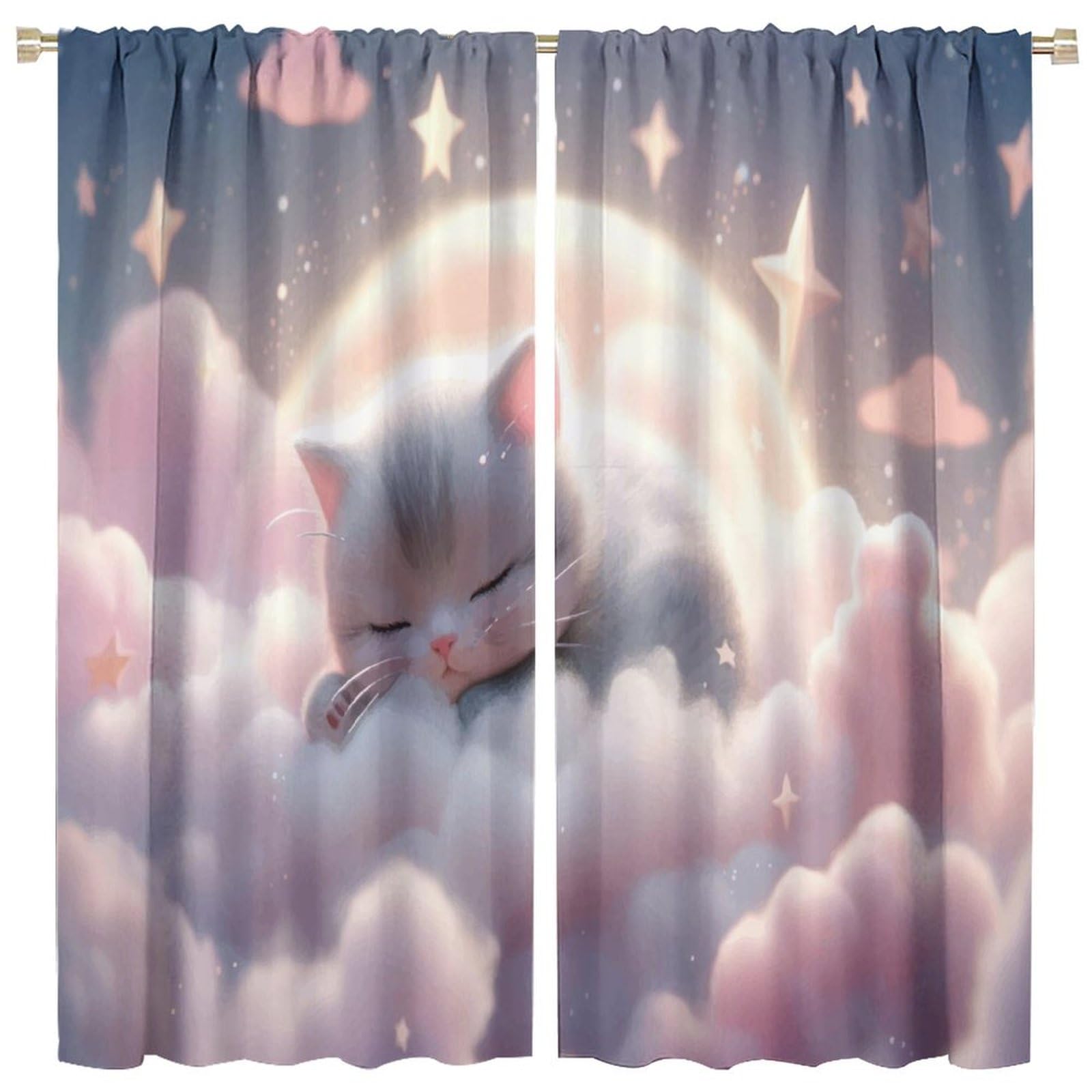 Hazuff Cartoon Cat Curtains, Pink Clouds Stars and Moon Cute Cat Sleeping Pattern Windows Treatments, Thermal Insulation Rod Pocket Drapes for Girls Kids Living Room Bedroom 42x45in?No Blackout?