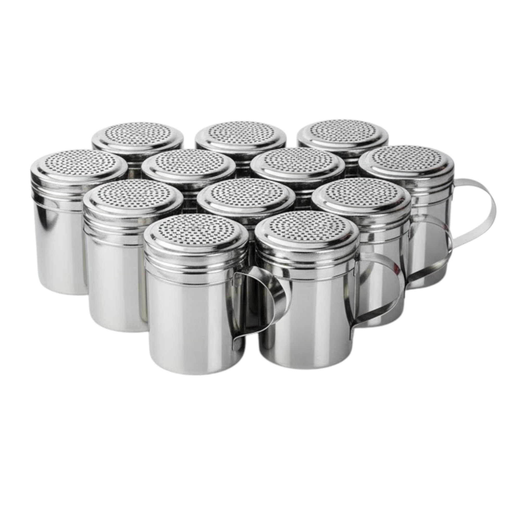 Chabrias Ltd 12 Pack Premium 10oz Stainless Steel Flour & Sugar Dredger Shaker (285 ml) – Fine-Mesh Screw-Top Dusting Shaker for Icing Sugar, Mince Pies & Cappuccino – Dishwasher-Safe (12, 10oz)