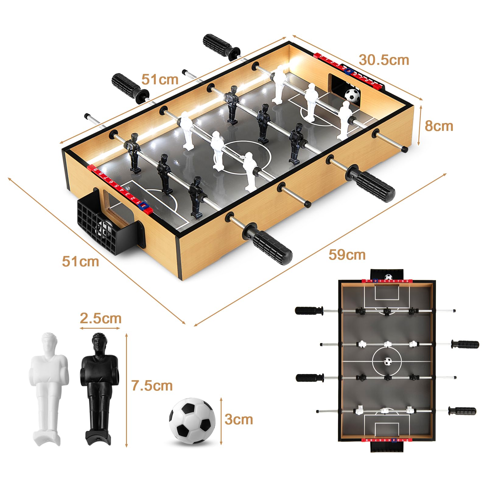 HOMASIS Home Baby-Foot avec lumières LED, Baby-Foot pour Enfants avec 2 balles, Baby-Foot pour Enfants à partir de 3 Ans, 59 x 51 x 8 cm