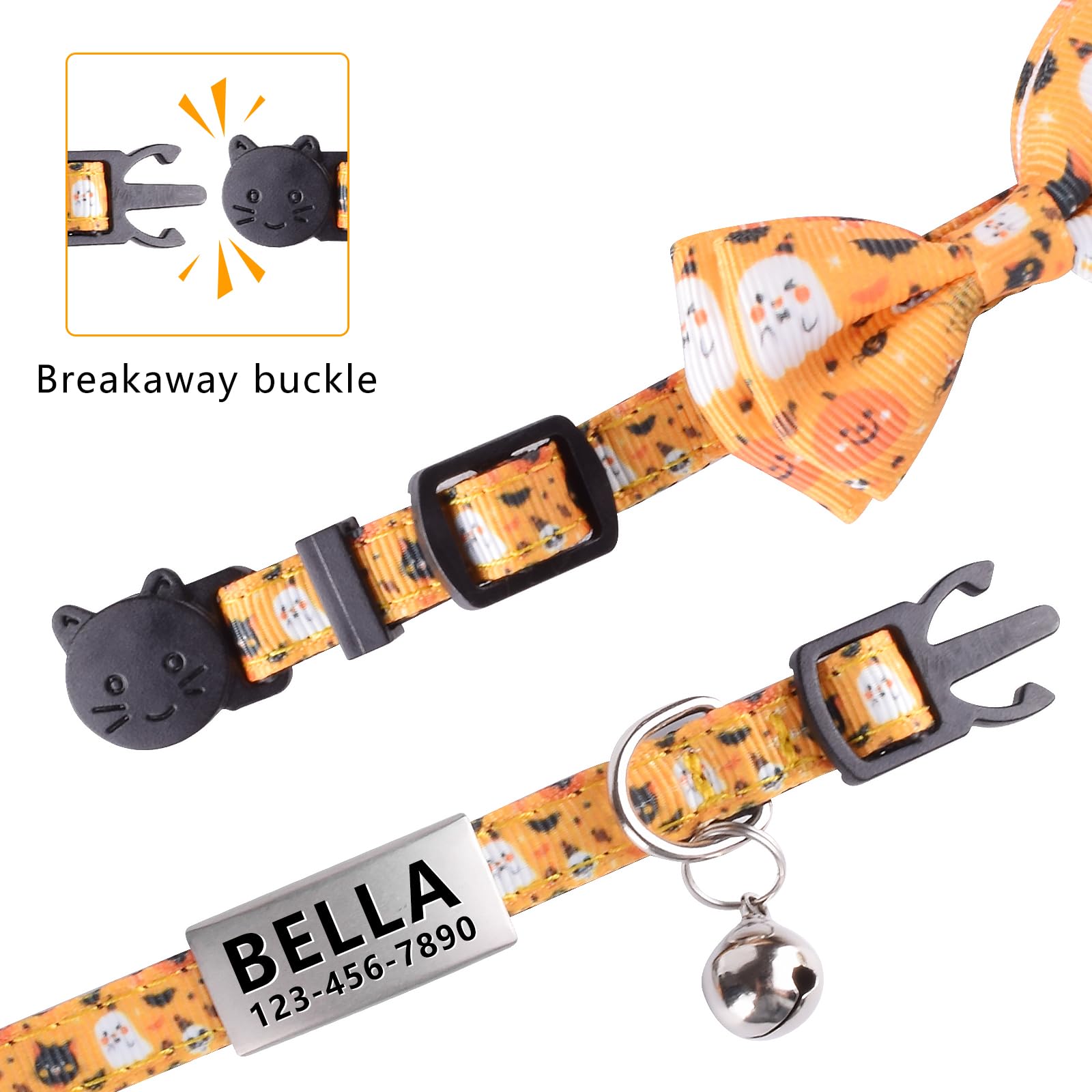 La Reine Personalized Cat Collar, Breakaway Halloween Kitten Collar with Cute Bow Tie & Bell, Stainless Steel Slide-on Pet ID Tag Engraved with Name & Phone Numbers (Pumpkin Ghosts)
