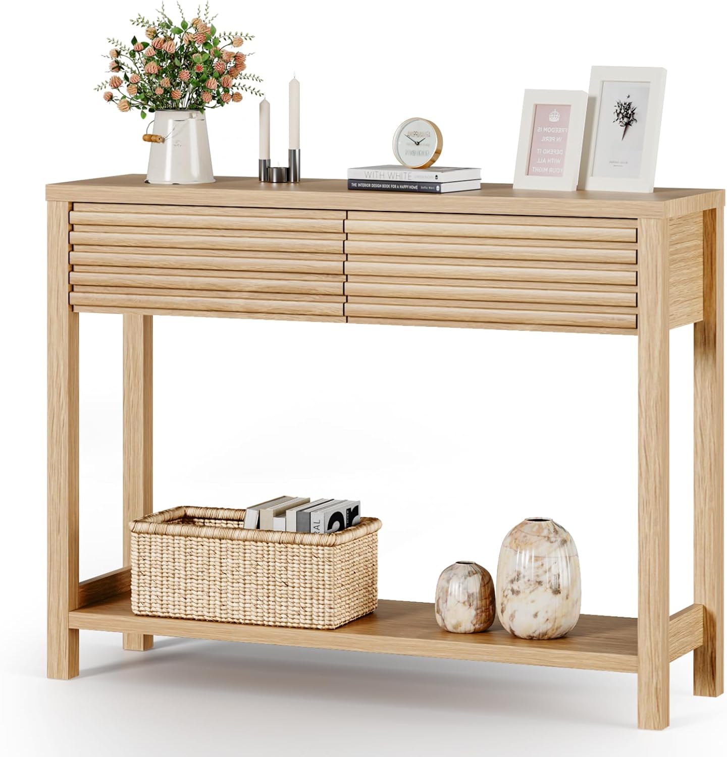 EAG 40" Fluted Console Table with 2 Drawers, Modern Wood 2 Tier Entryway Table with Storage Shelf, Narrow Sofa Tables Behind Couch for Entrance Foyer, Hallway, Living Room, Natural