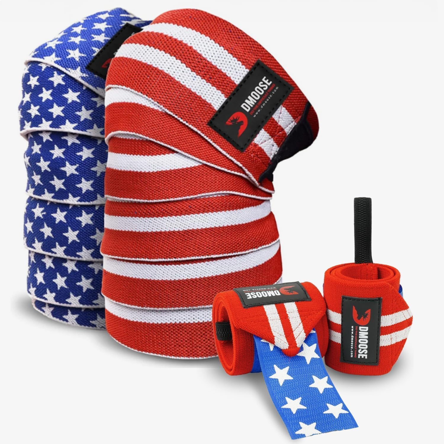 DMoose Wrist Wraps American 18 Inch and Knee Wraps American | Bundle | for Weightlifting, Powerlifting