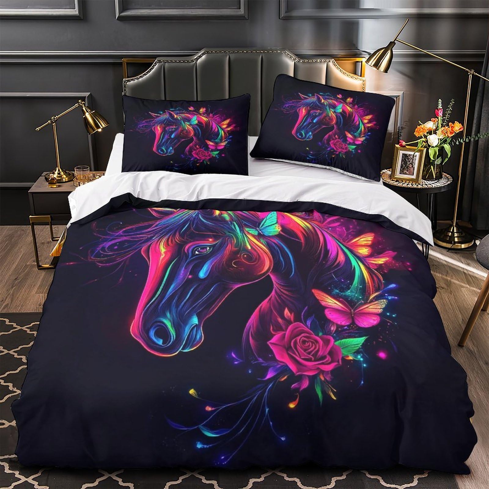 Housse de couette microfibre hypoallergique cheval néon lit 1 place confortable