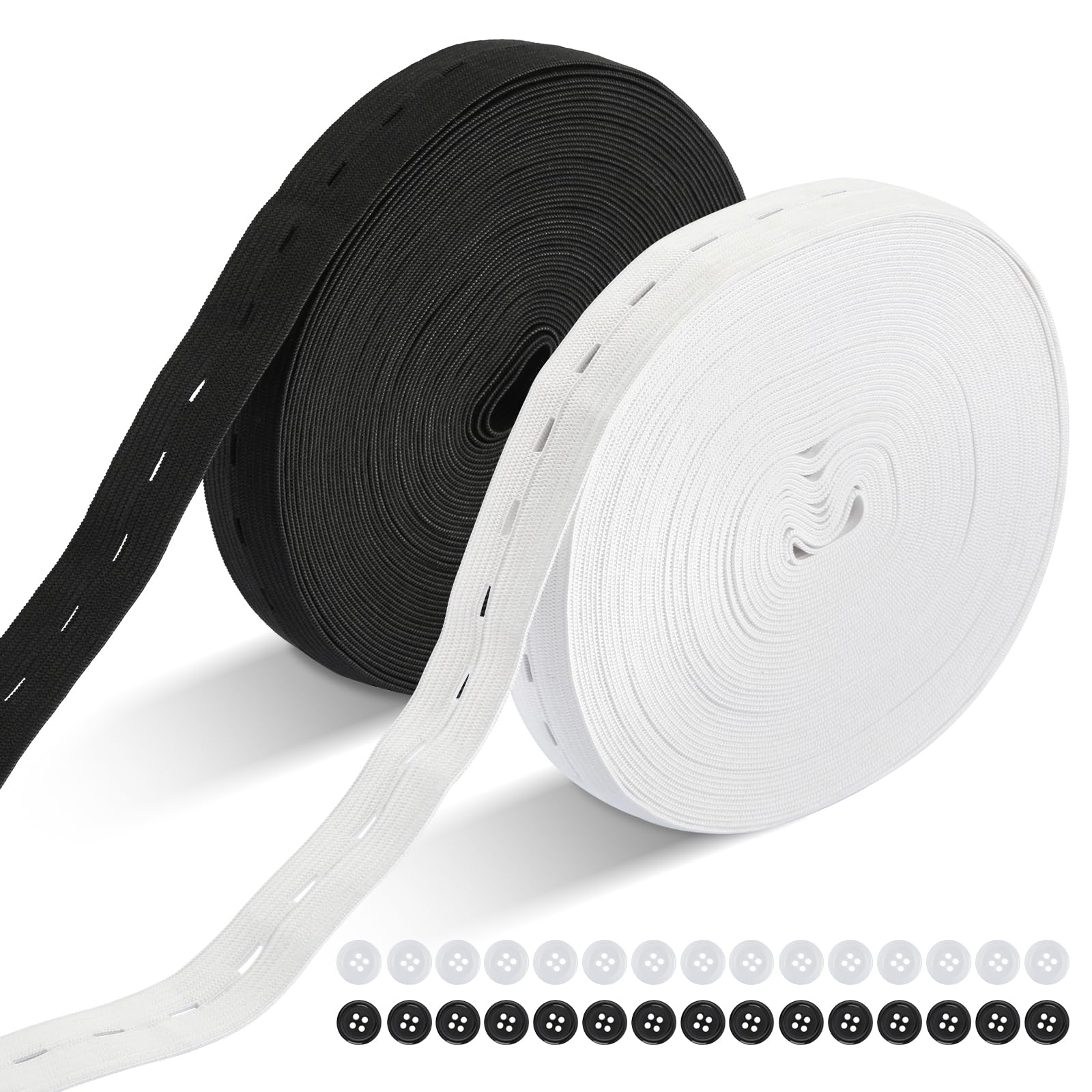 RVLZKCPG 2 rotoli di elastico da 20 m, elastico da 20 mm con occhielli, elastico retrattile largo, elastico in gomma per pantaloni con 30 bottoni per cucito, maglia (nero + bianco