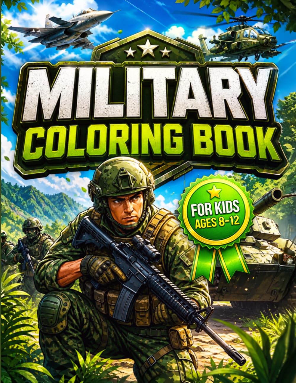 Military Coloring Book for Kids: Tanks, Fighter Jets, Helicopters, Soldiers, Army Trucks & War Vehicles for Boys Ages 8–12