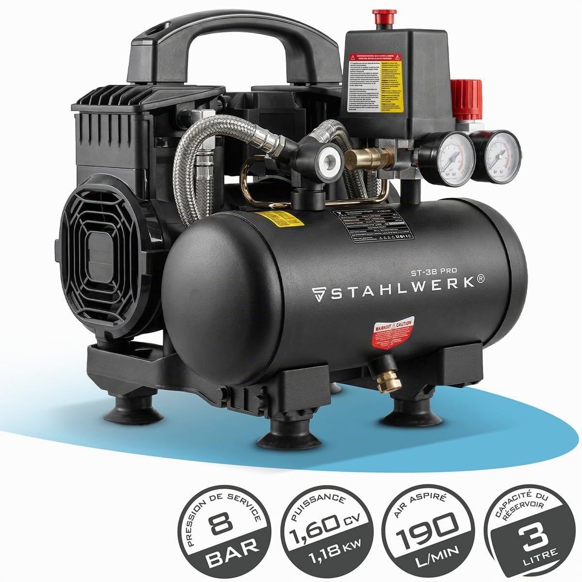 STAHLWERK Compresseur d’air 3 L (ST-38 Pro) – sans huile & silencieux | 8 bar, 1,60 CV, 1,18 kW, 190 l/min, 67 dB, compresseur d'air avec moteurs sans balais, compresseur à pistons silencieux