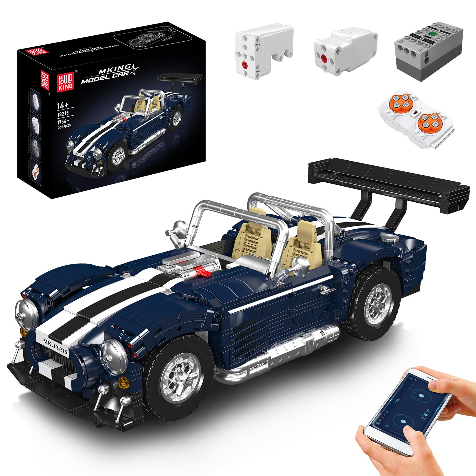 Mould King 13215 V8 Roadster Model Kit for Adults, Vintage 1960s Motorsport Racing Vehicle Construction Set, Collectible Power Functions Retro Muscle Automobile Office Desktop Display (1754 Pieces)