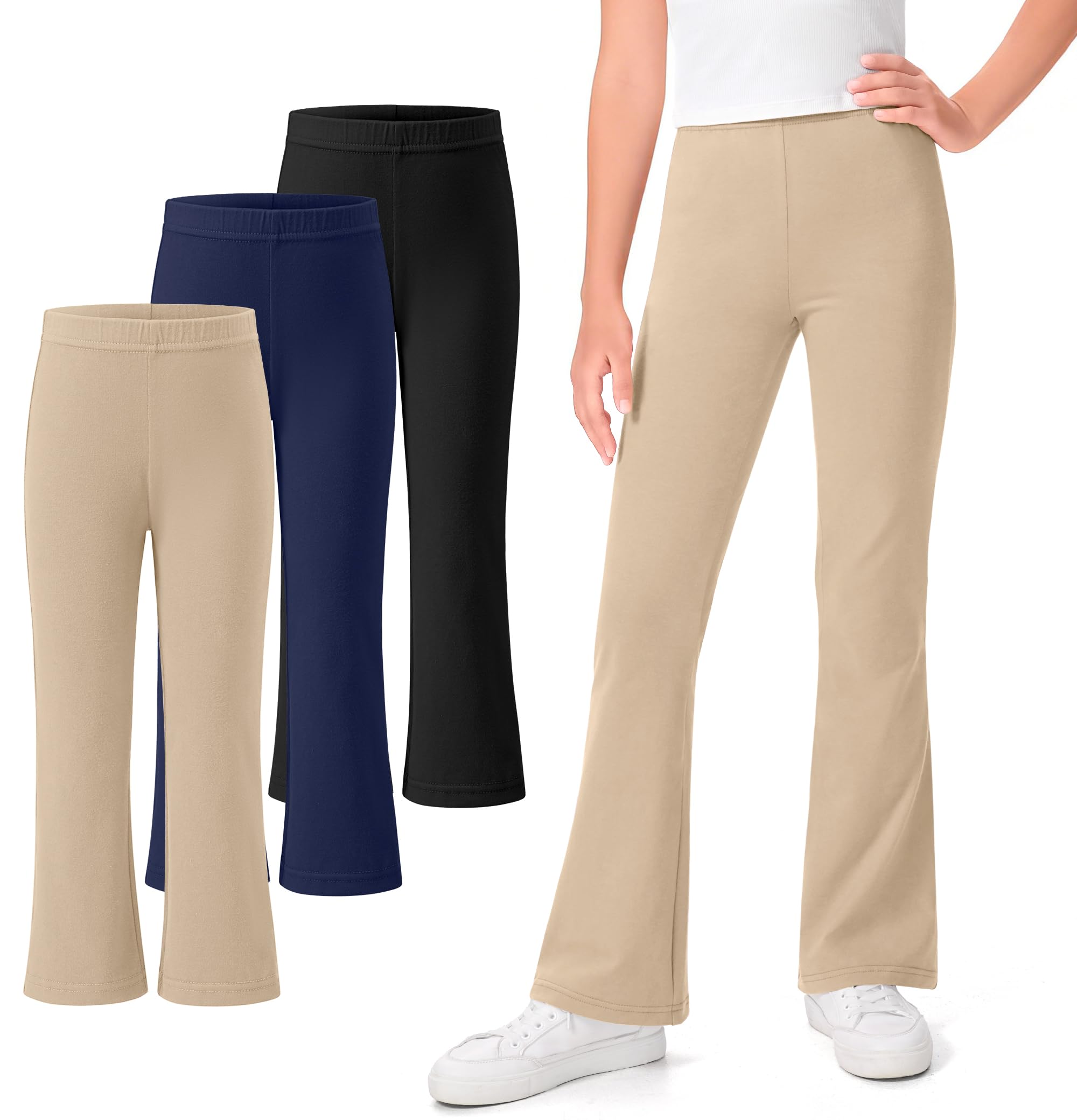KEREDA 3 Pack School Uniform Pants for Girls Flare Leggings Bell Bottoms Trendy Clothes for Teen Girls Kids
