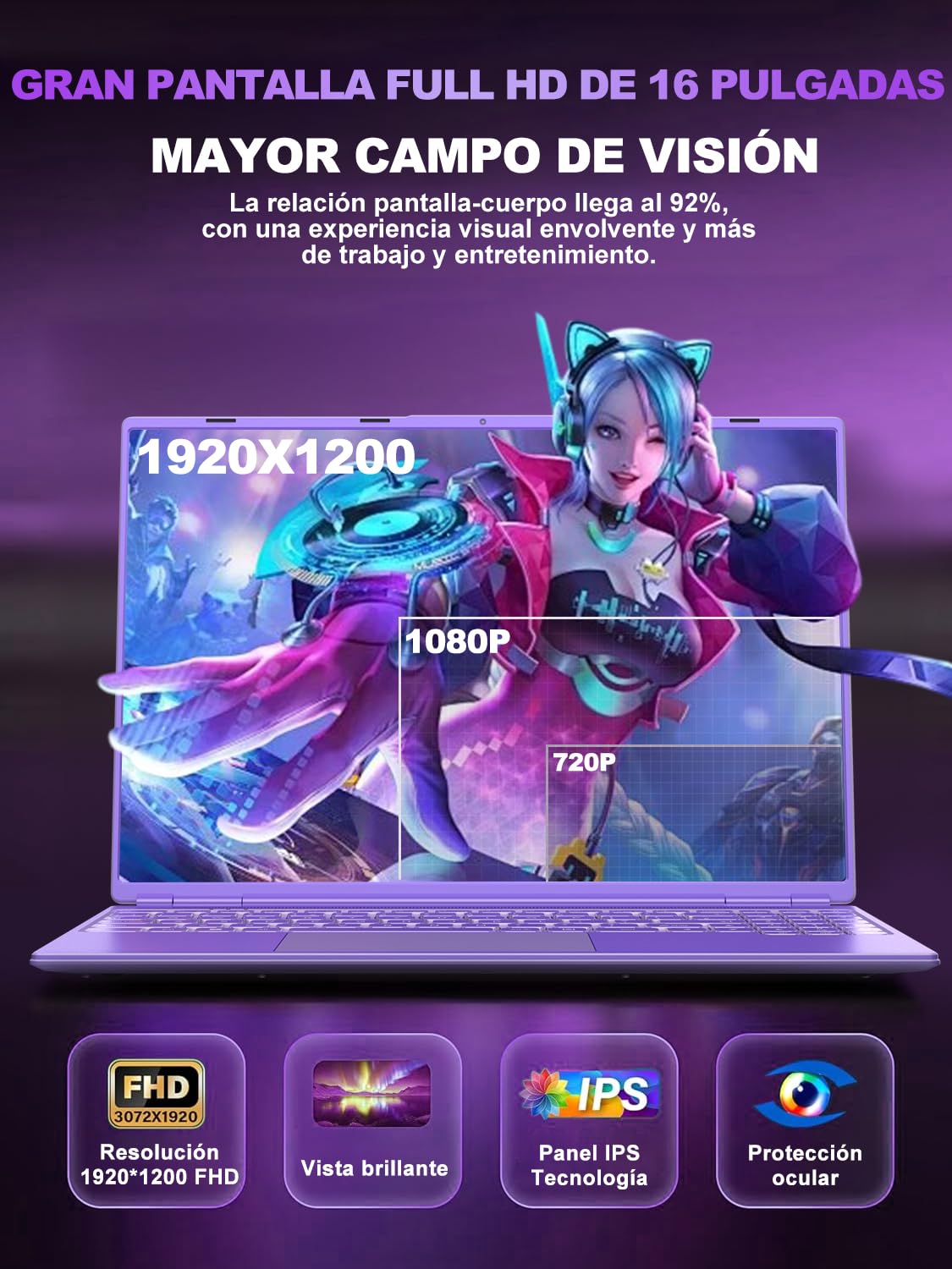 Ordenador Portátil 16 Pulgadas Celeron N5095 Up to 2.9Ghz, Portátil Win 11 con 5G WiFi 12+512GB SSD Expansión 1TB, BT 4.2 Mini Puerto Multimedia Portatiles Ventilador Refrigeración 1920*1200-Morado