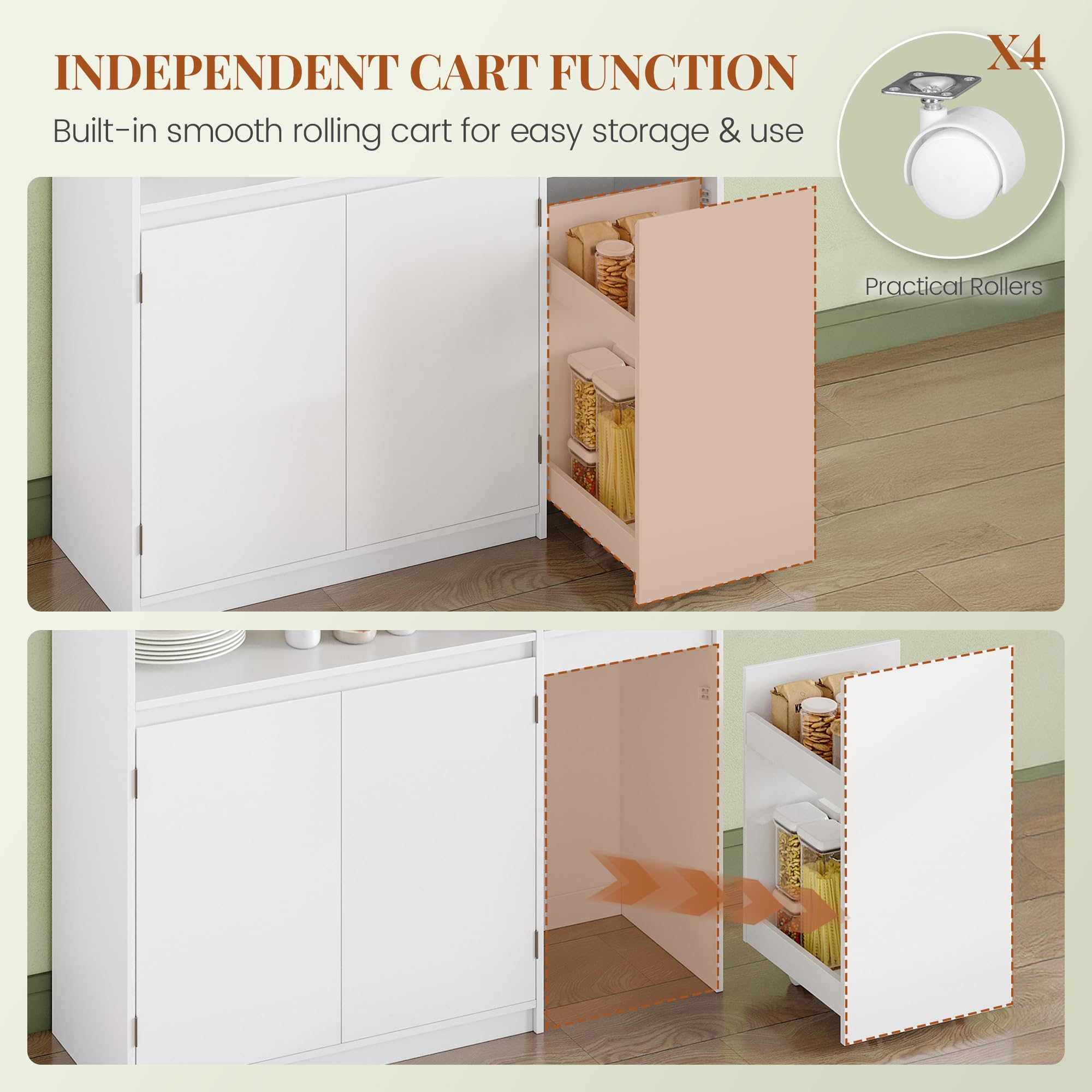 HEXCELEN Sideboard, Küchenschrank, Aufbewahrungsschrank mit Rollwagen, Schubladen und Verstellbaren Einlegeböden für Esszimmer, Küche und Wohnzimmer, Modern, 35 x 100 x 80 cm, Weiß