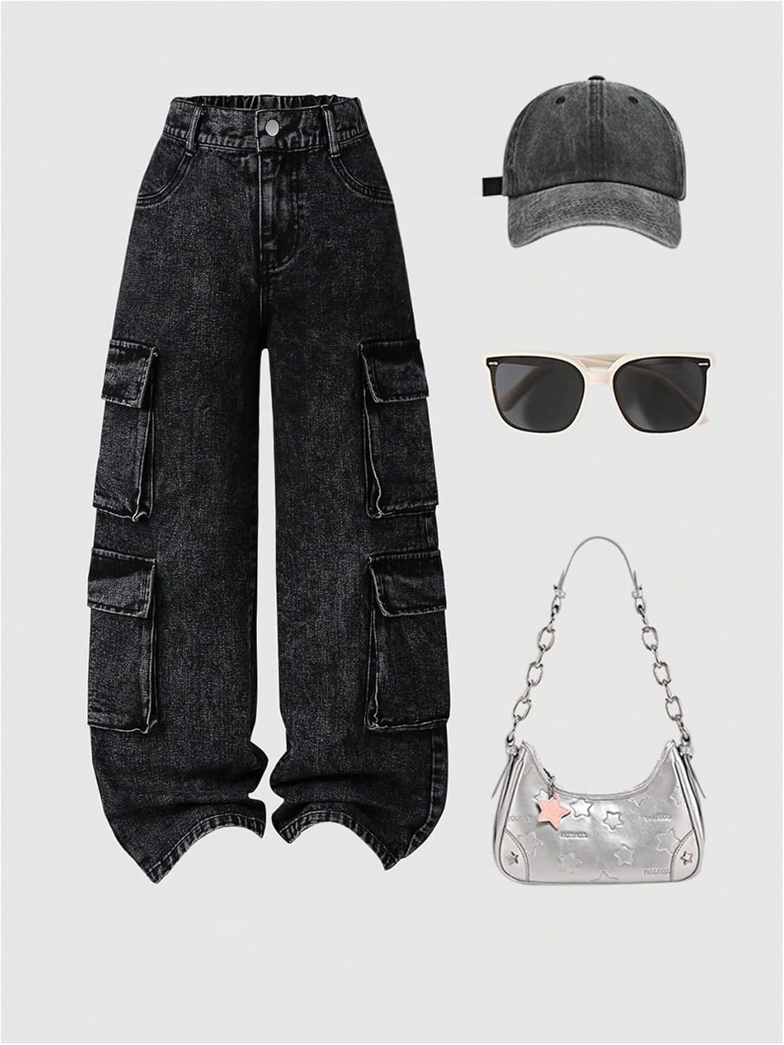 OYOANGLE Girl's Flap Pocket Y2k Washed Baggy Jeans Wide Leg Zipper Fly Denim Cargo Pants