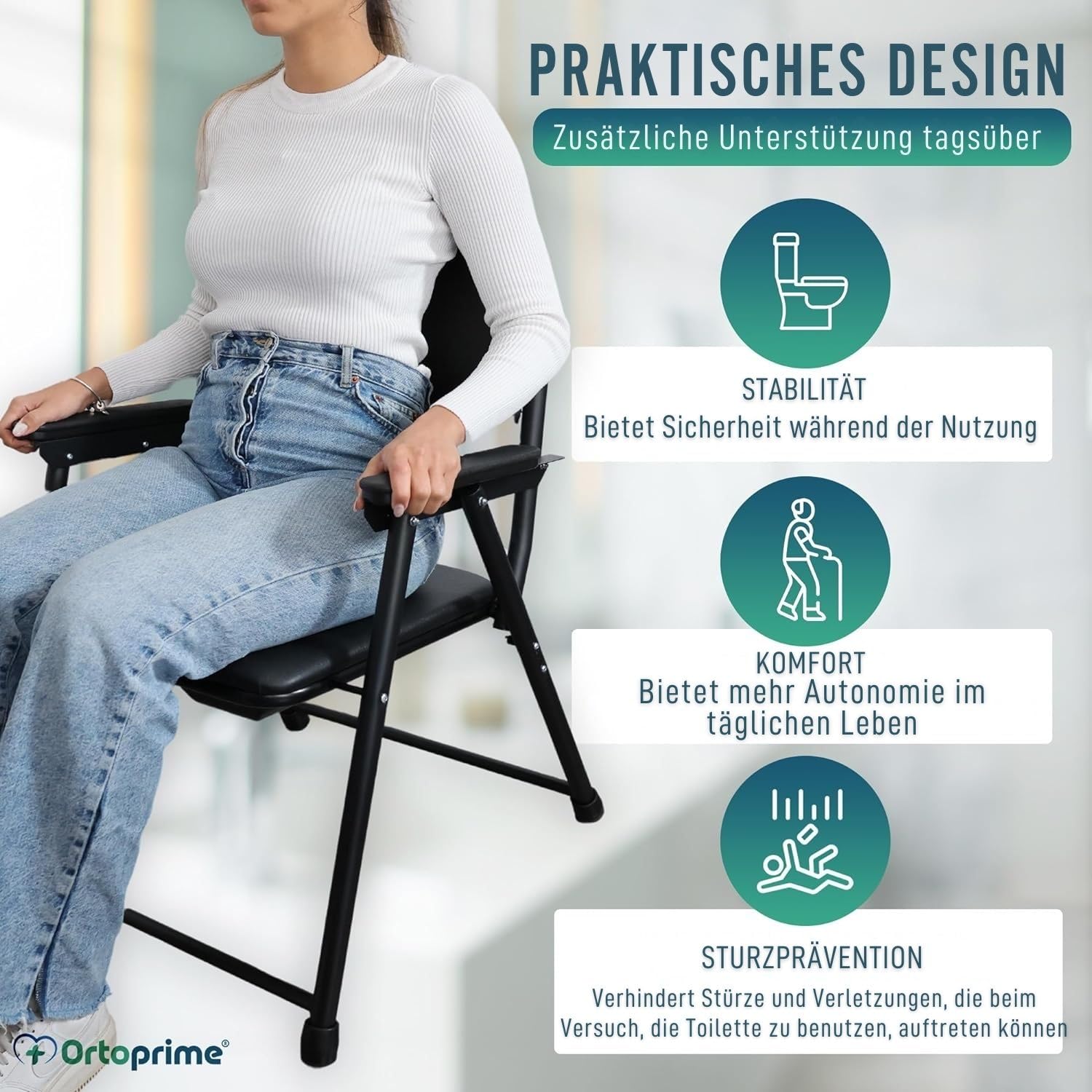 OrtoPrime Toilettenstuhl für Senioren klappbar – WC Stuhl mit Eimer – Nachtstuhl für Erwachsene – Klostuhl höhenverstellbar – Toilettenstuhl mit Inodoro – Leibstuhl für Senioren, stabil & sicher