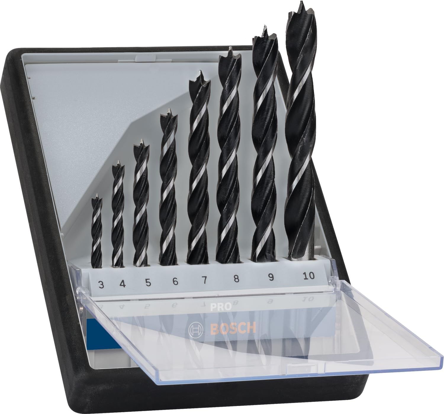8x PRO Wood Brad Point Drill Bit Set (for Softwood, Hardwood, Ø 3,0, 4,0, 5,0, 6,0, 7,0, 8,0, 9,0, 10,0 mm, Professional Accessory Rotary Drill/Drivers)
