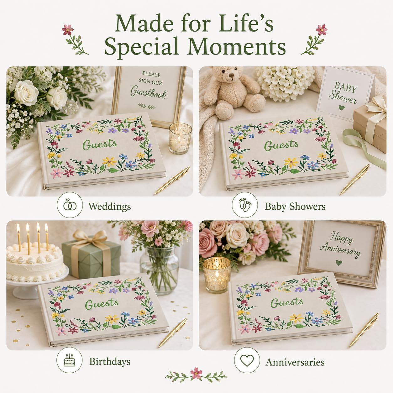 Embroidered Floral Guestbook for Wedding, Bridal Shower & Baby Shower, Linen Guest Sign-In Keepsake with Blank Ivory Pages, Lay-Flat Design & Ribbon Bookmark, 10.25” x 8.25” (Wildflower Garden)