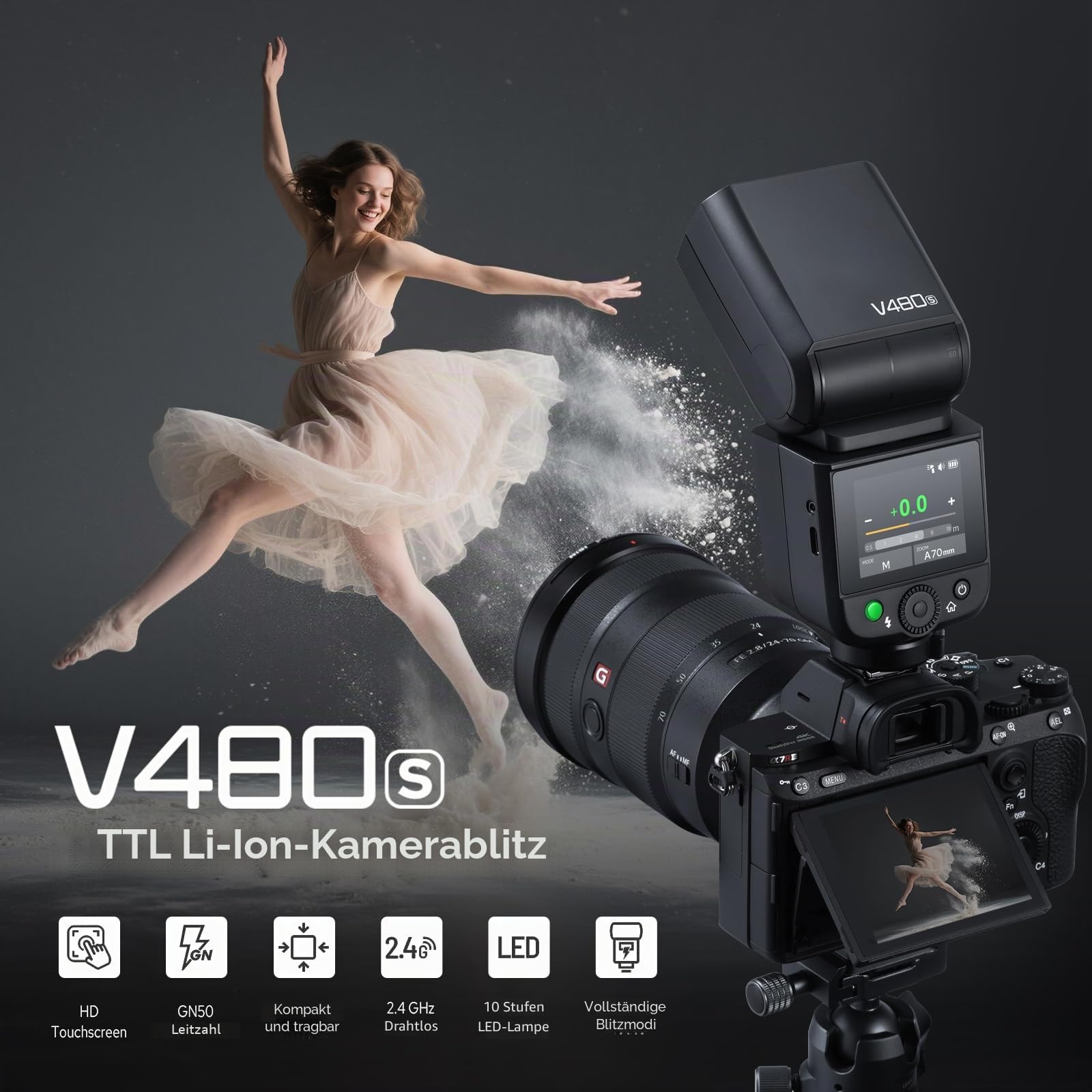 Godox V480S TTL Kamerablitz für Sony Kamera, Touchscreen Flexible Jump Head Diffuser GN50 HSS 1/8000s, bis zu 650 voller Leistung blinkt nur 1,7 Sekunden (V480S for Sony)