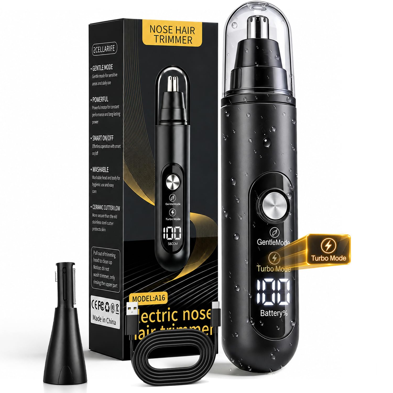 Ear & Nose Hair Trimmer, Professional Painless Eyebrow and Facial Hair Trimmer for Men and Women, C-Type Rechargeable, Waterproof Double Edged Blade (Carbon Black)