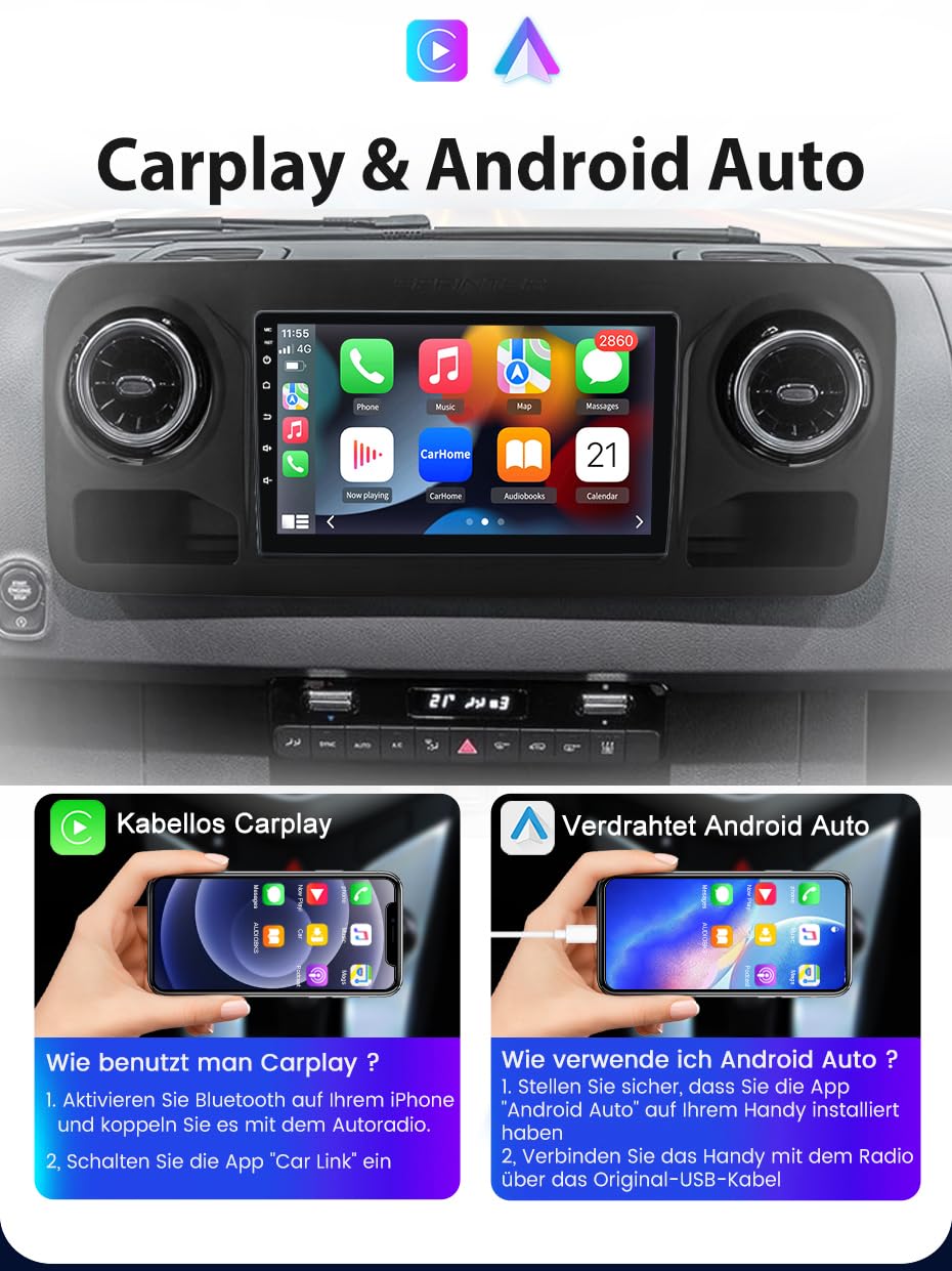 10 Zoll GPS Navi Navigationsgerät für Auto, LKW PKW,Carplay & Android Auto Tragbares Autoradio+Bremslicht Rückfahrkamera Ersatz für Mercedes-Benz Sprinter 3,5-T Bus Kasten B907 B910
