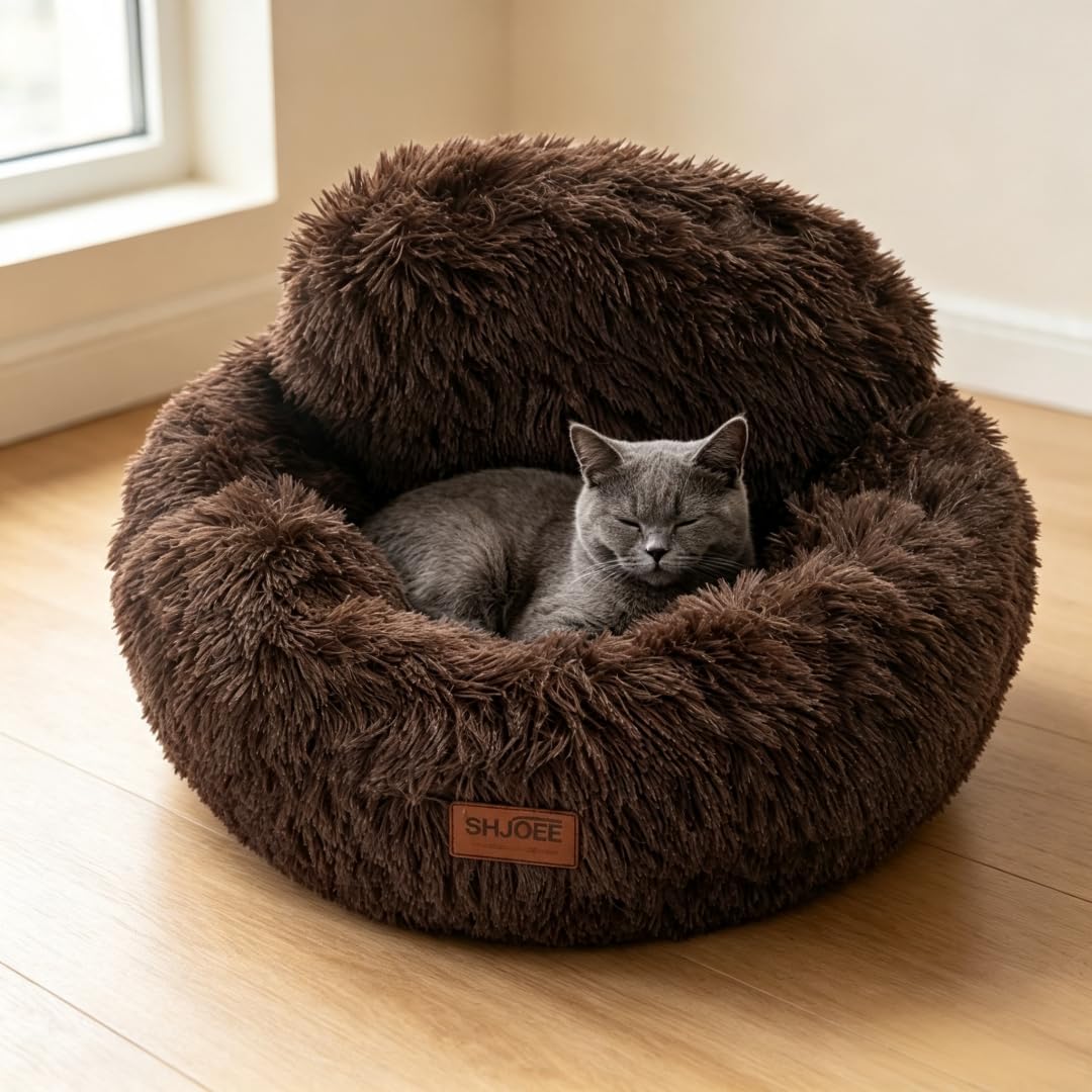 Cama para perros de peluche, suave, mullida, con borde alto y forro polar acogedor, para gatos y perros pequeños y medianos, transpirable y cálida, lavable (marrón café, 60 cm)