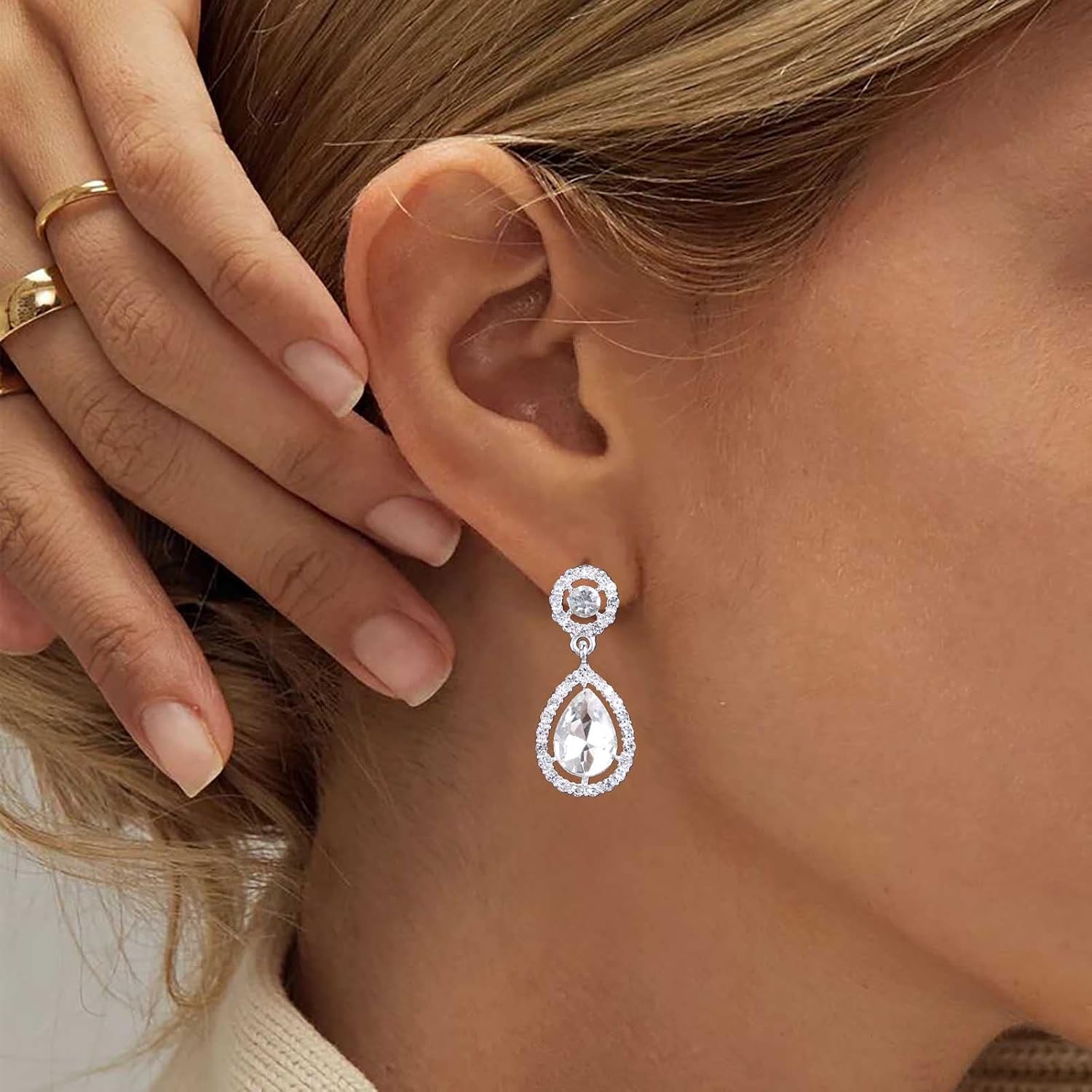 Vintage Teardrop Crystal Dangle Earrings Silver Rhinestone Earrings Water Drop Cz Dangle Earrings Luxury Wedding Earrings Jewelry for Women - Image 6