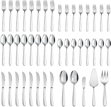 LIANYU 45-Piece Heavy Duty Silverware Set with Serving Utensils, Stainless Steel Flatware Cutlery Set for 8, Eating Utensils Tableware Include Forks Knives Spoons, Mirror Finished, Dishwasher Safe
