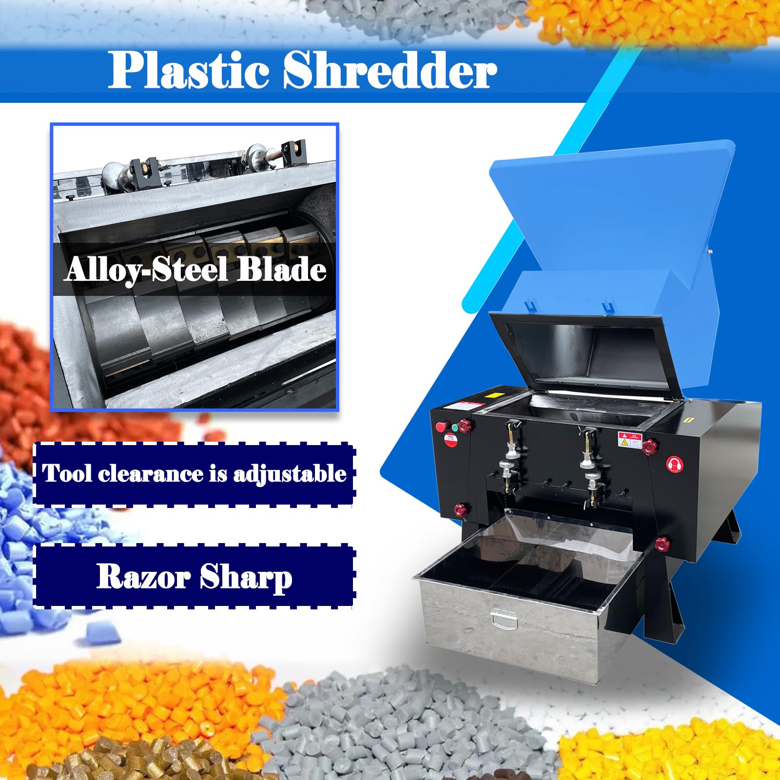 EQCOTWEA 15KW Electirc Plastic Shredder Recycling Machine Bottle Cans Crusher Granulator Carboard Pulverizer Machine for PC/PVC/ABS/PET/EPS/PU/HDPE/Rubbler/Wood/Nylon/Acrylic Recycler 220V 3 Phase