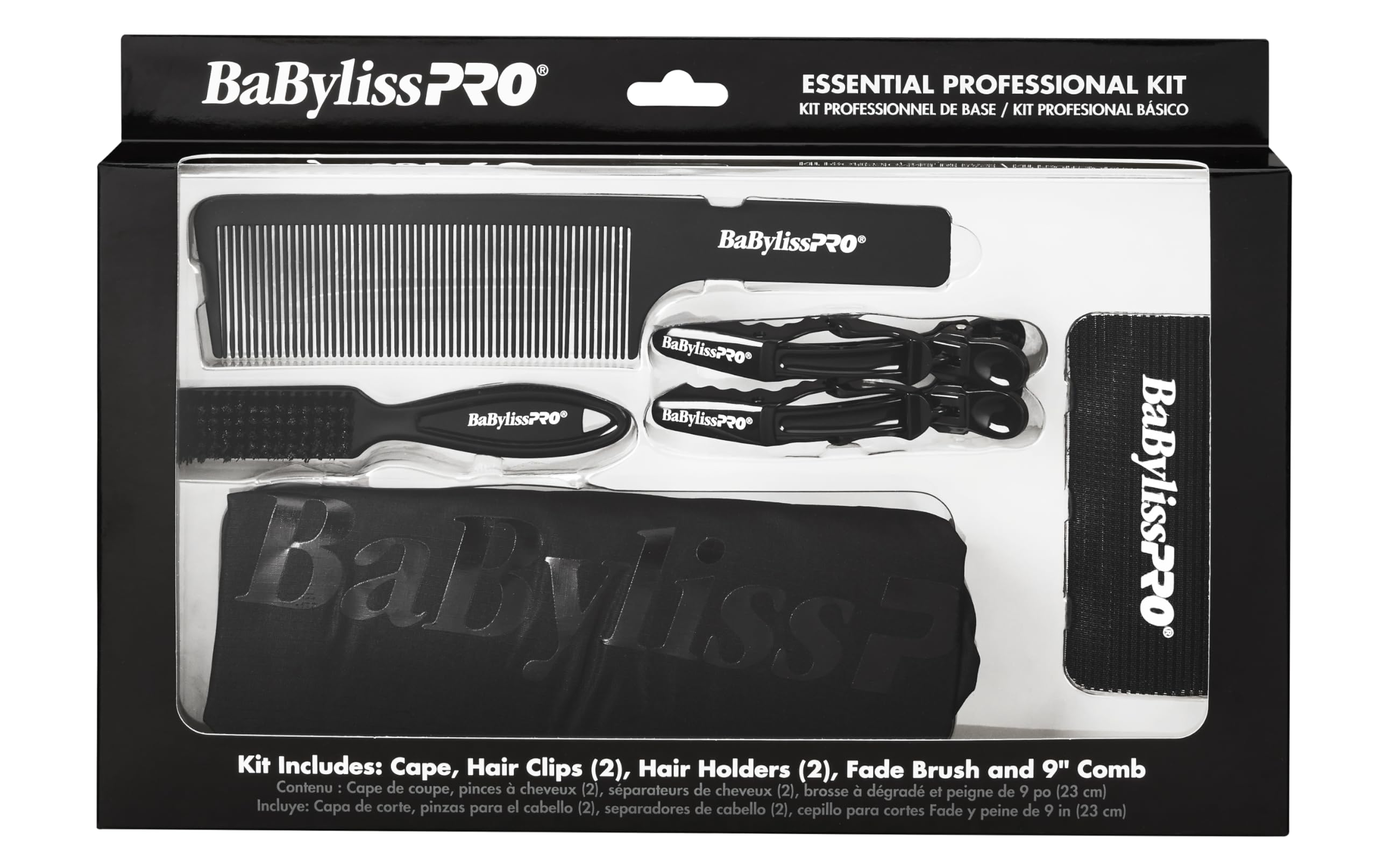 BaBylissPro Essentielles Profi-Set – Friseurumhang, Kamm, Verblassbürste, Haarspangen und Haarhalter