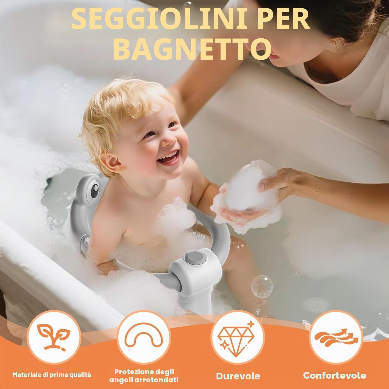 Seggiolino Doccia Bimbo, Seggiolino per Vasca da Bagno per Bambini a Partire da 6 Mesi, Seggiolino da Bagno Antiscivolo con 4 Potenti Ventose,per Doccia o Vasca(Grigio)