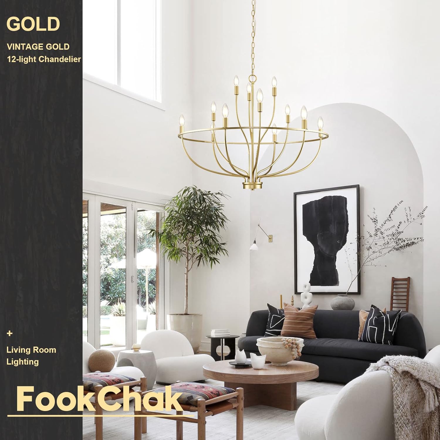large gold chandelier, 12 light foyer chandelier high ceiling 36inch modern brass living room light fixture metal candle chandelier for kitchen entryway living room bedroom gold 12-light
