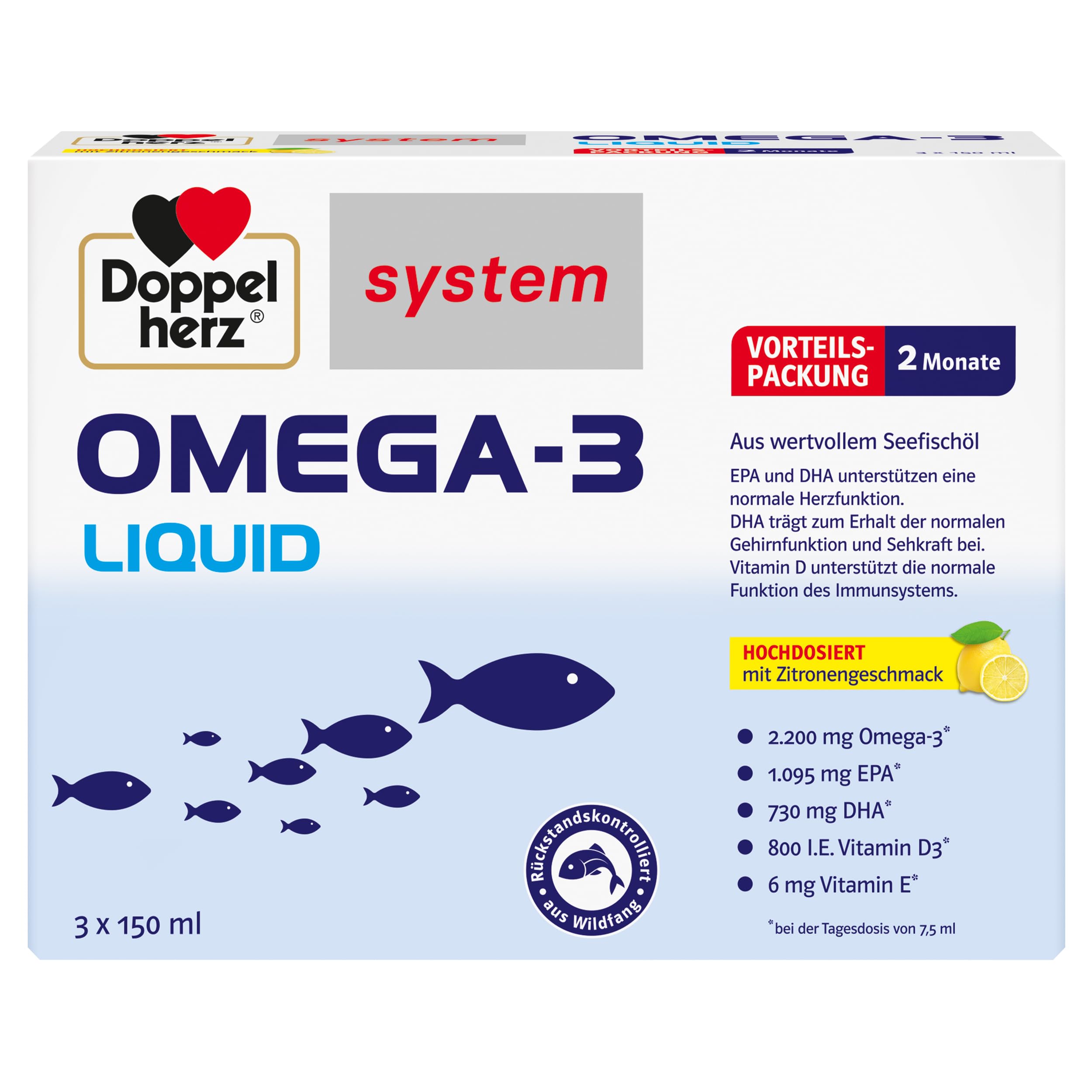 Doppelherz system OMEGA-3 LIQUID – Herzfunktion + Immunsystem – Vitamin D als Beitrag für die normale Funktion des Immunsystems – 450ml