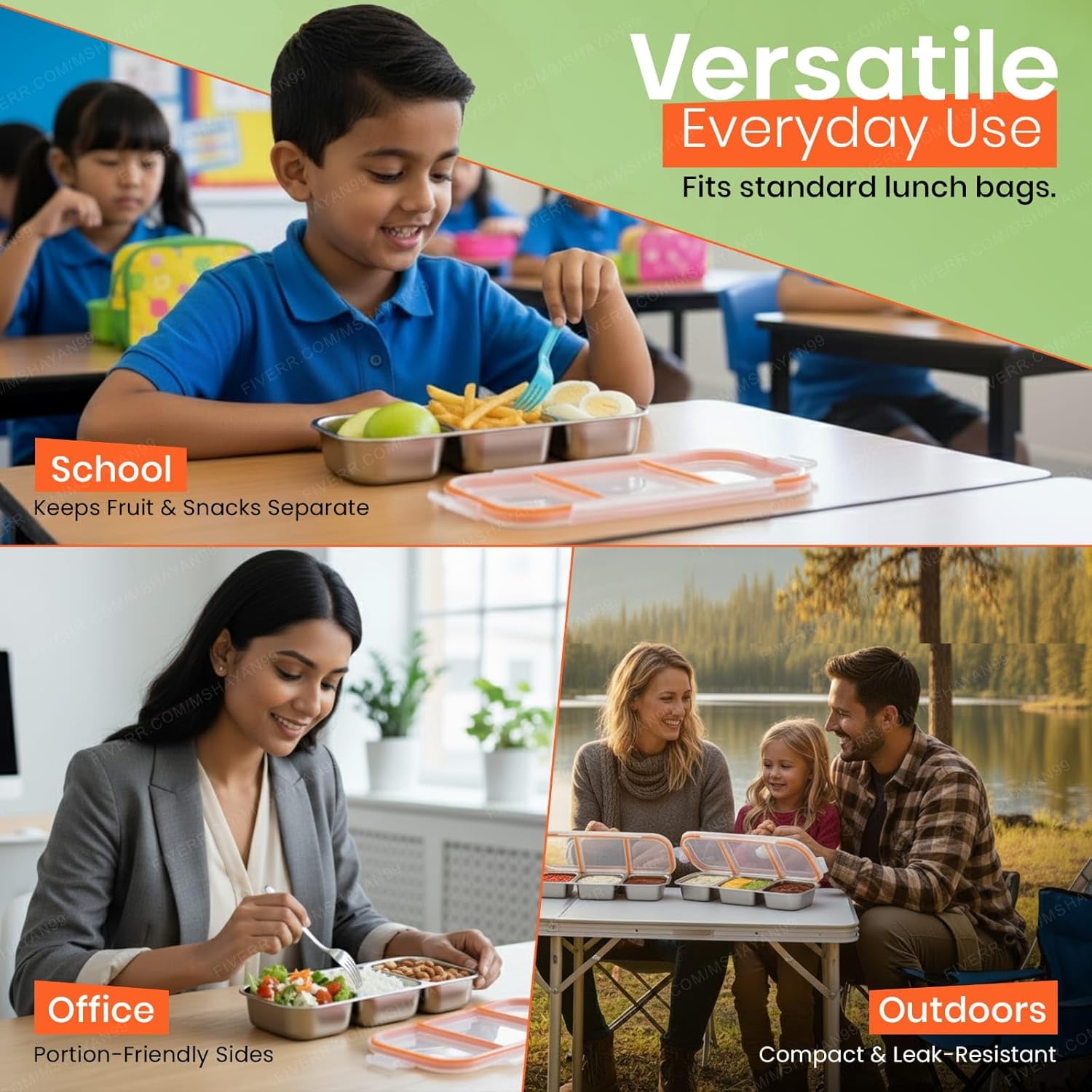 Stainless Steel Bento Box Snack Containers – 3-Compartment Leakproof Lunch Box, Reusable Metal Food Storage for Kids & Adults, School, Travel, Camping, Gift Set - Image 7