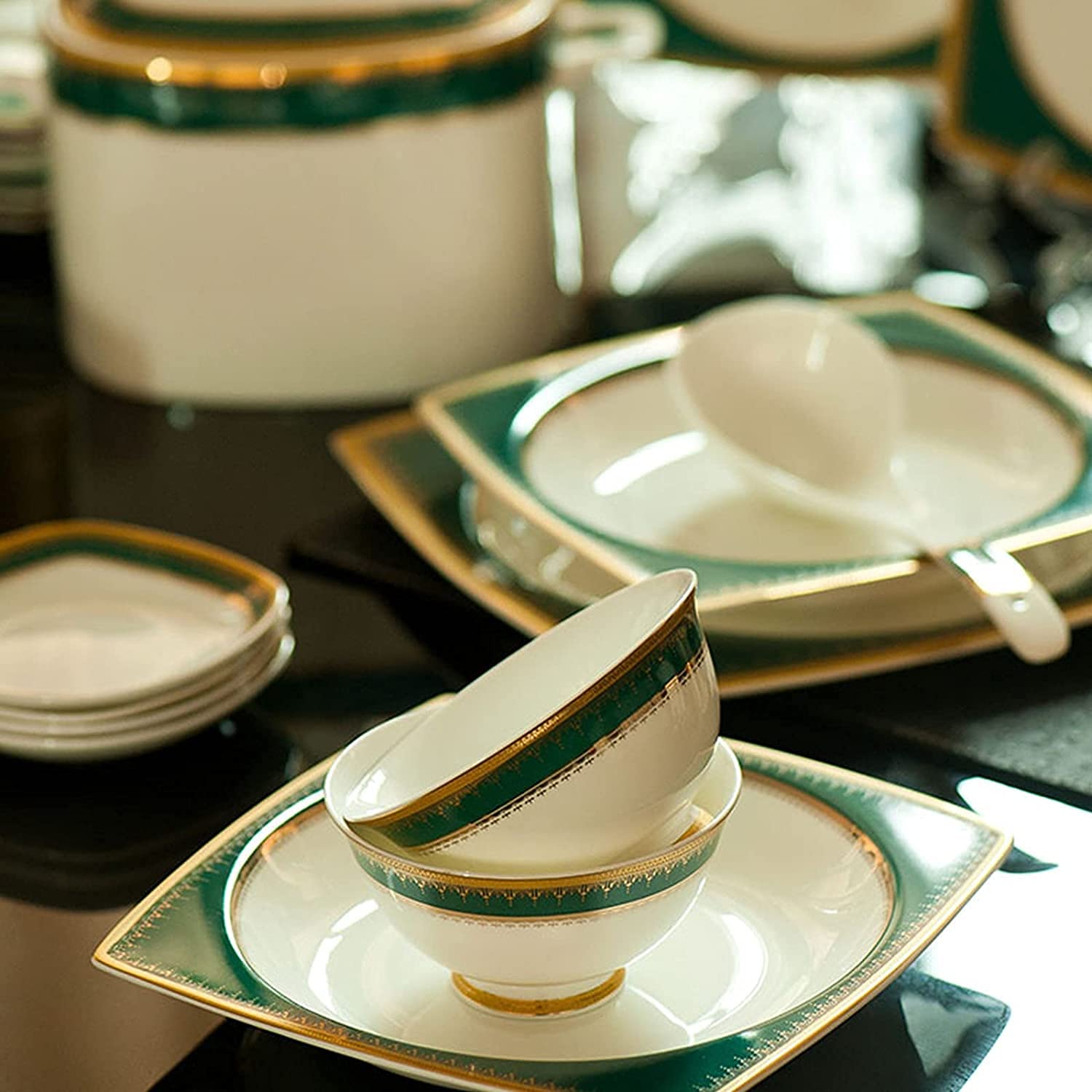 Service d'assiettes à Manger carrées en grès, 58 pièces, Service de Table en Porcelaine Tendre, Service pour 6 à 10 Personnes
