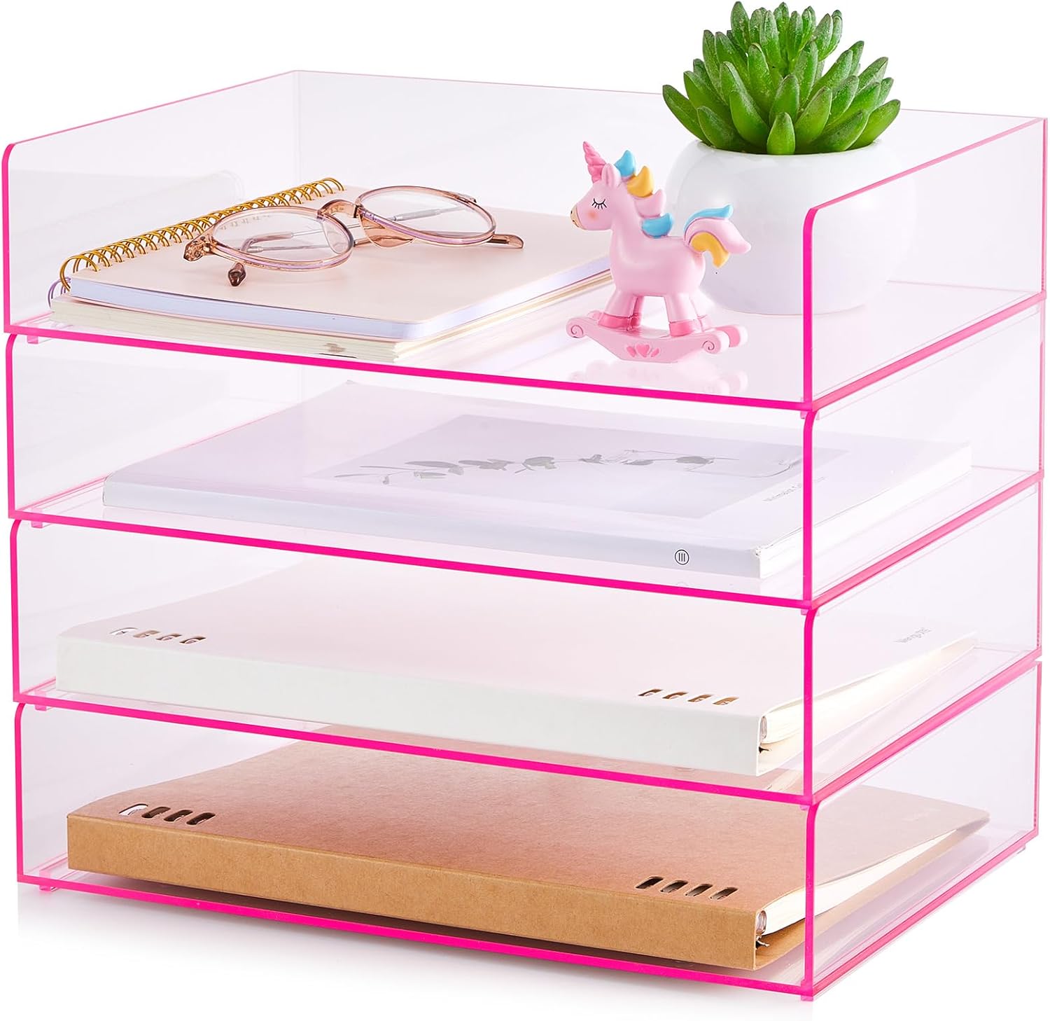Harloon 4 Tier Paper Organizer Letter Tray Pink Acrylic Desk File Organizer Stackable Documents Letter Clear Paper Holder Sorter Office Tray for A4, Modern Office Classroom Home File Pad Books Notes