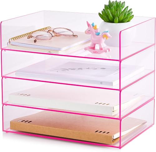 Harloon 4 Tier Acrylic Paper Tray Stackable Letter Clear Organizer 12.4 x 8.7 x 2.7 Inches No Need to Assemble Acrylic Paper Organizer File Tray for Office Workspace Desktop Storage(Transparent Pink)