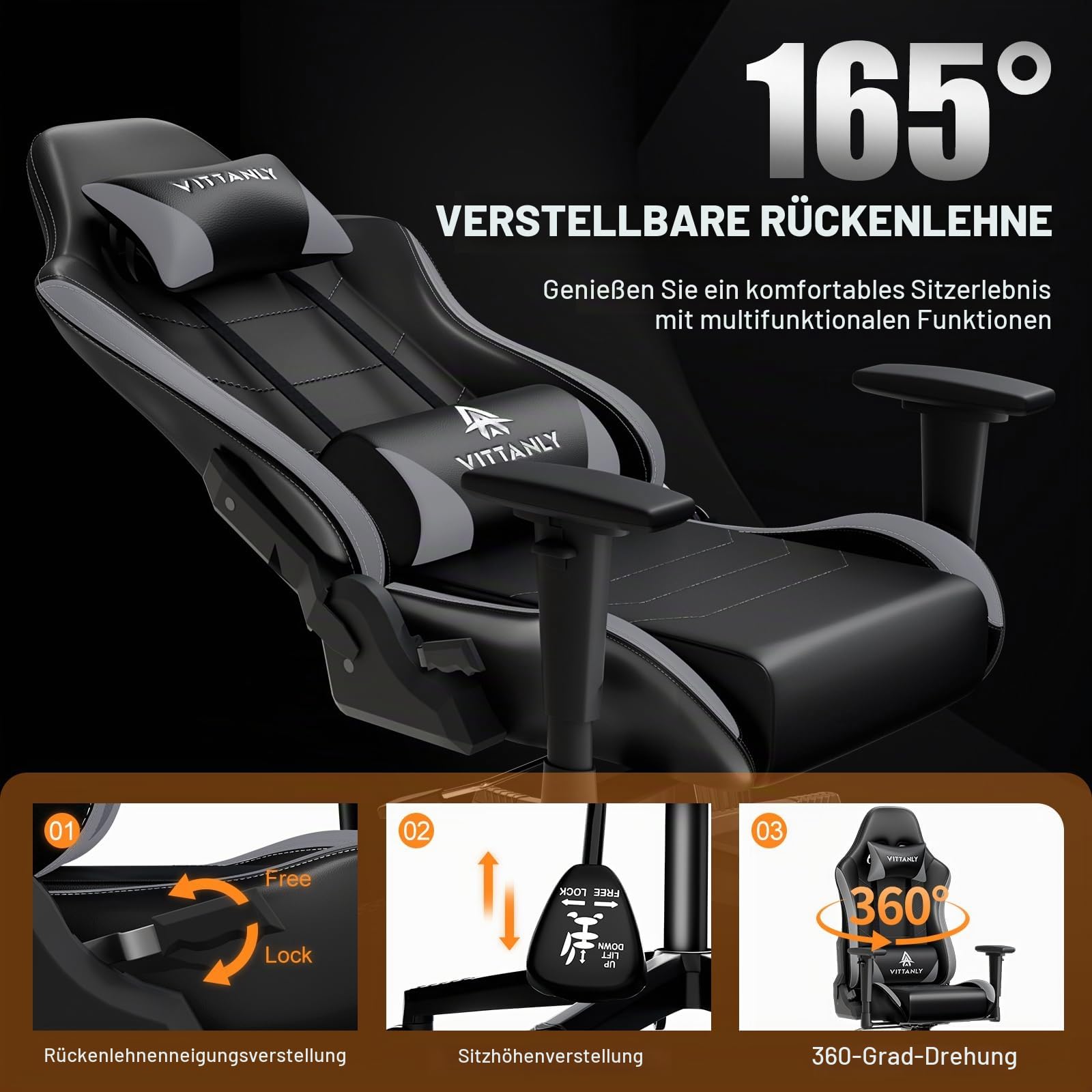 Vittanly Gaming Stuhl, 90-165° Rückenlehne, Tragkraft 150 kg, Grau | Kopfstütze und Lendenkissen, Gaming Chair, Gamer Stuhl, Gaming Sessel, Bürostuh, Schreibtischstuhl