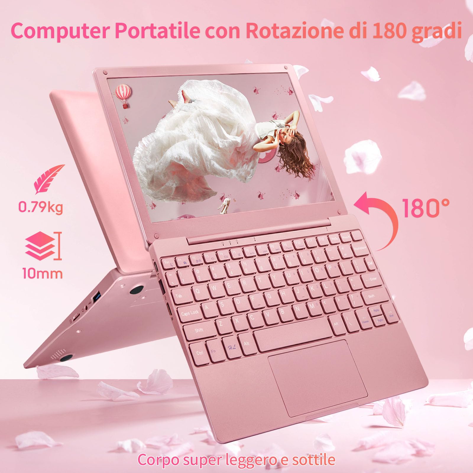 LONGEVINCE Piccolo mini laptop,10,1 pollici (0,79 kg),ultra sottile e leggero netbook Windows 11,Celeron N4020,8 G DDR4,webcam,USB 3.0,tipo C,HDMI,perfetto per bambini e adulti (Oro rosa, 8G+960G SSD)