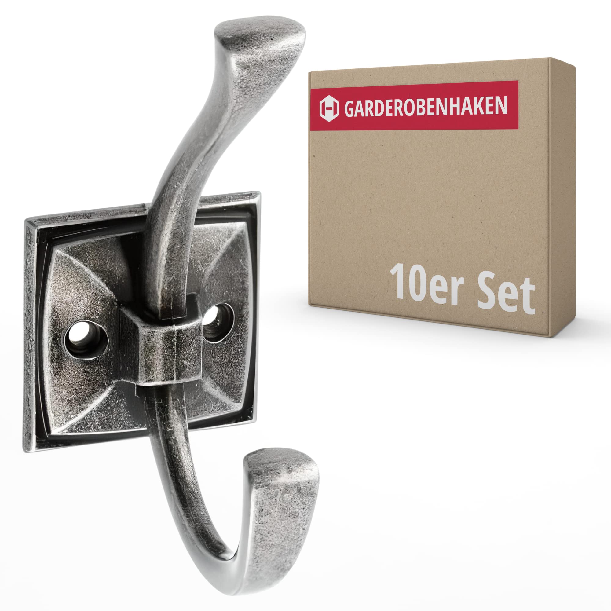 Gedotec Garderoben-Haken Metall Silber antik I KARO I Aufhänger Tiefe: 75 mm I 10 Stück Kleiderhaken I Wand-Garderobe zum Schrauben I Mantelhaken Modern I Design Wandhaken mit Befestigungsmaterial