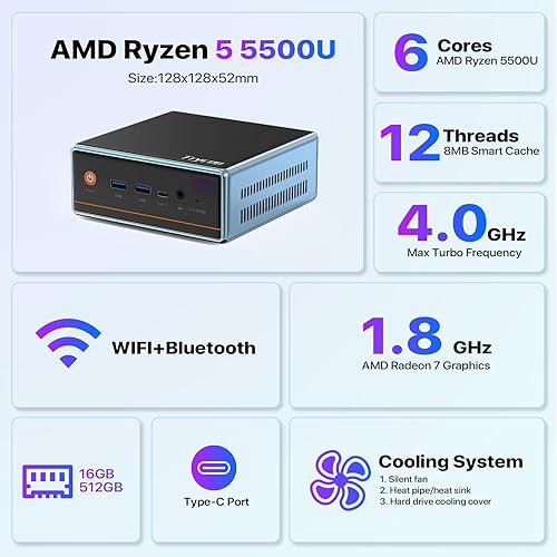 Miniatura 3 de Trycoo Mini PC AMD Ryzen 5 5500U (4.0GHz) Mini procesadores 16GB DDR4 RAM 512GB SSD Micro PC Soporte 4K 60Hz Salida triple WiFi6 BT5.2 Dual RJ45