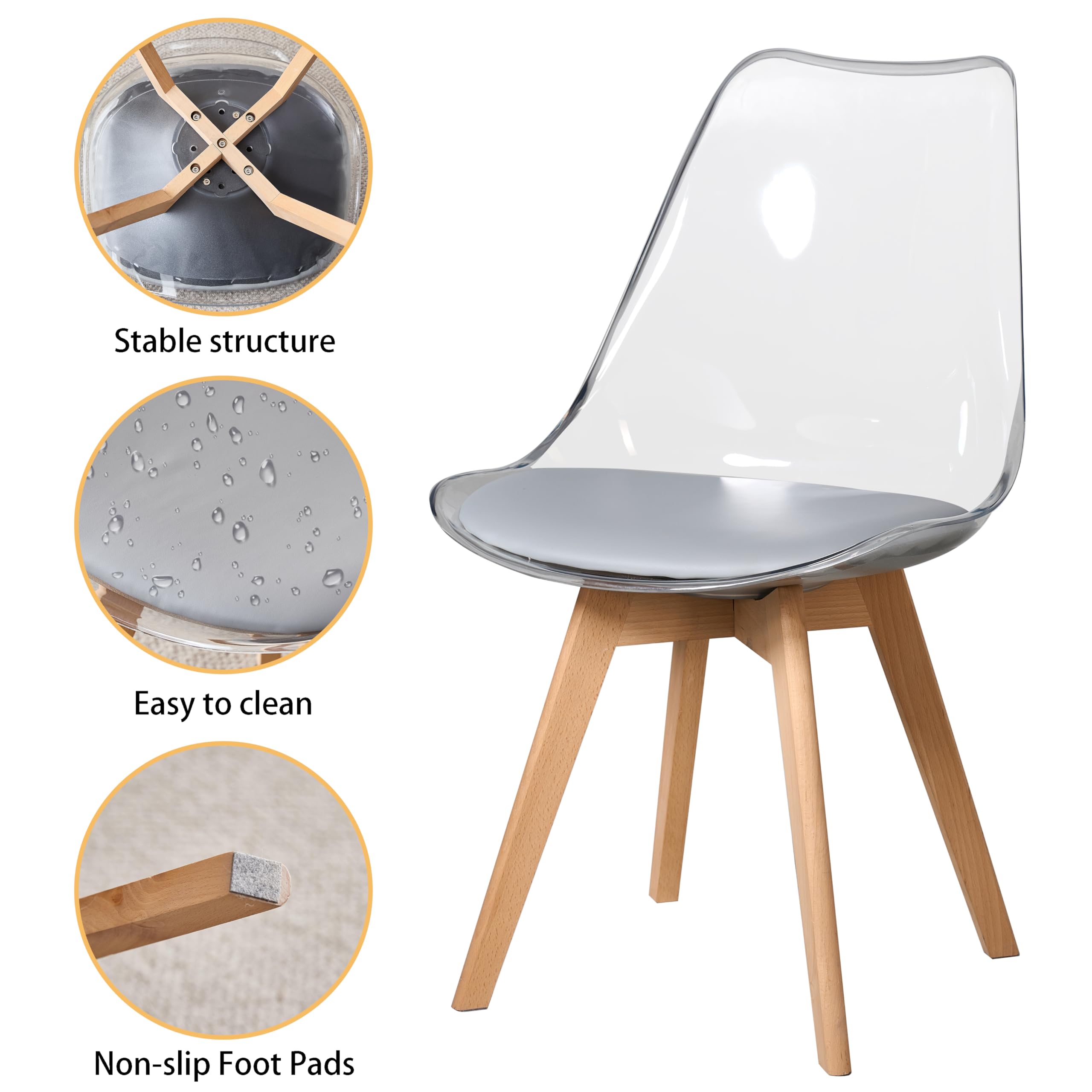 GrandCA HOME Tavolo da Pranzo con 4 Sedie, Tavolo da Pranzo Rotondo da 100 CM, Sedia da Cucina Imbottita Trasparente, Set Tavolo da Pranzo e Sedie (Chiaro + Grigio)