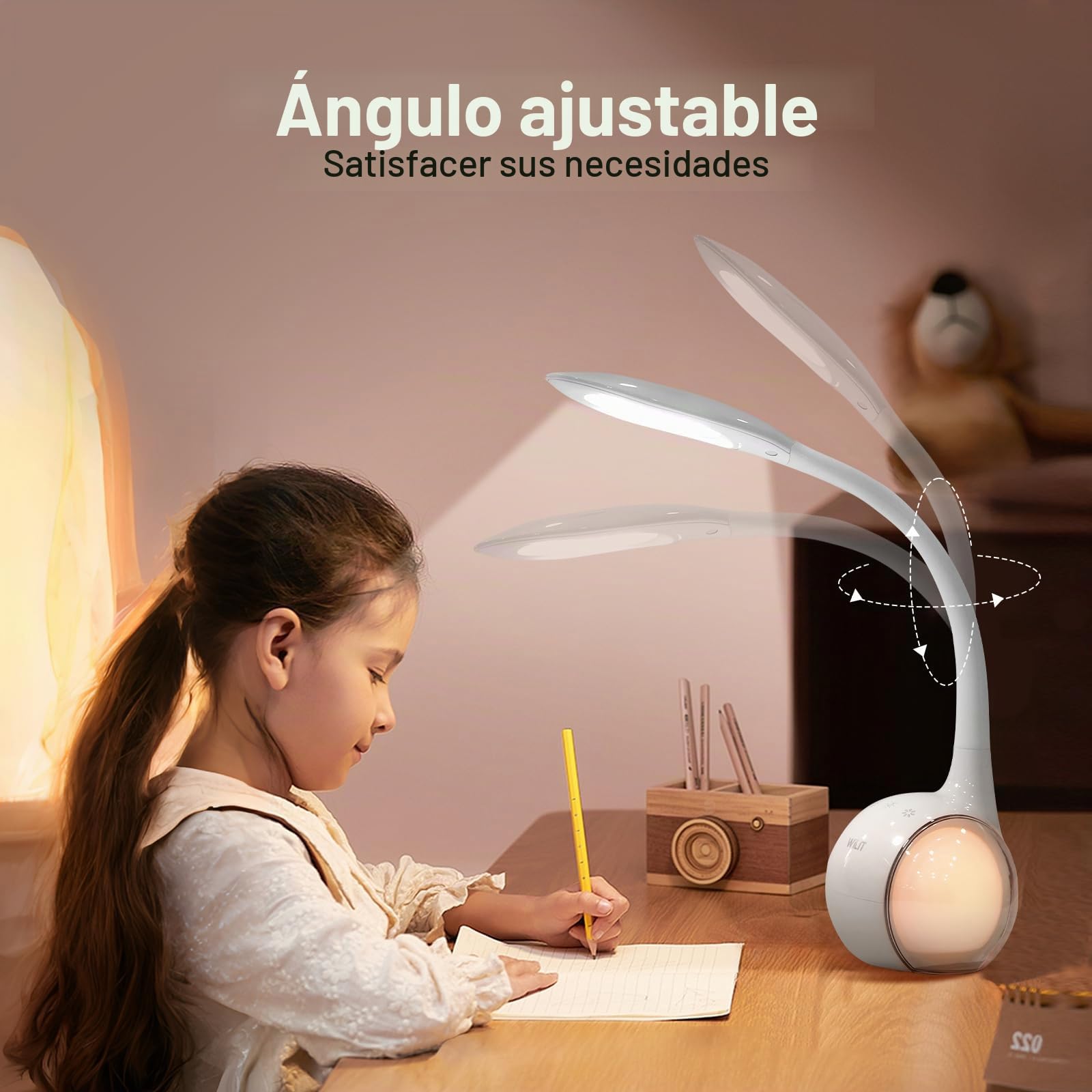 WILIT T3 Lampara LED Escritorio Infantil, Luz Flexo Led Escritorio Niños para Estudiar Lectura con Luz Nocturna de Color, Lámpara de Mesa Tactil 3 Niveles de Brillo, Blanco
