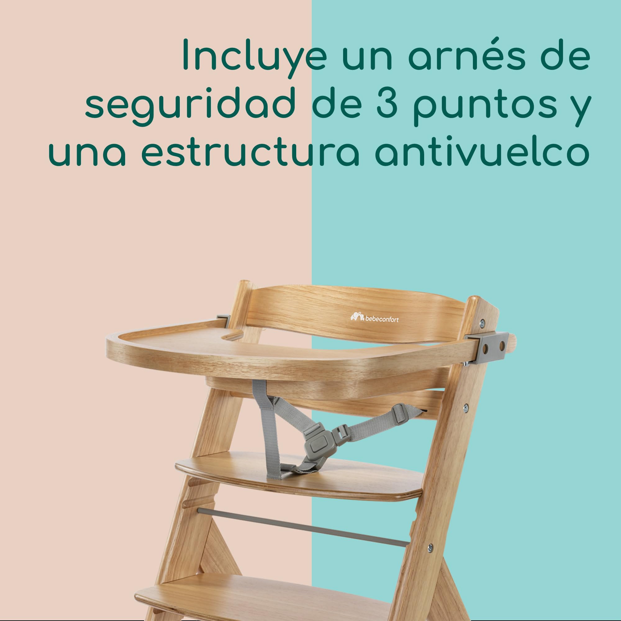 Bebeconfort Timba 2 Trona Evolutiva Bebé Madera, +6 Meses, Hasta 110 kg, Silla Trona Bebé Comedor Ergonómica, Apta para Mayoría de Mesas, Bandeja Extraíble, Asiento/Reposapiés Regulables, Natural Wood