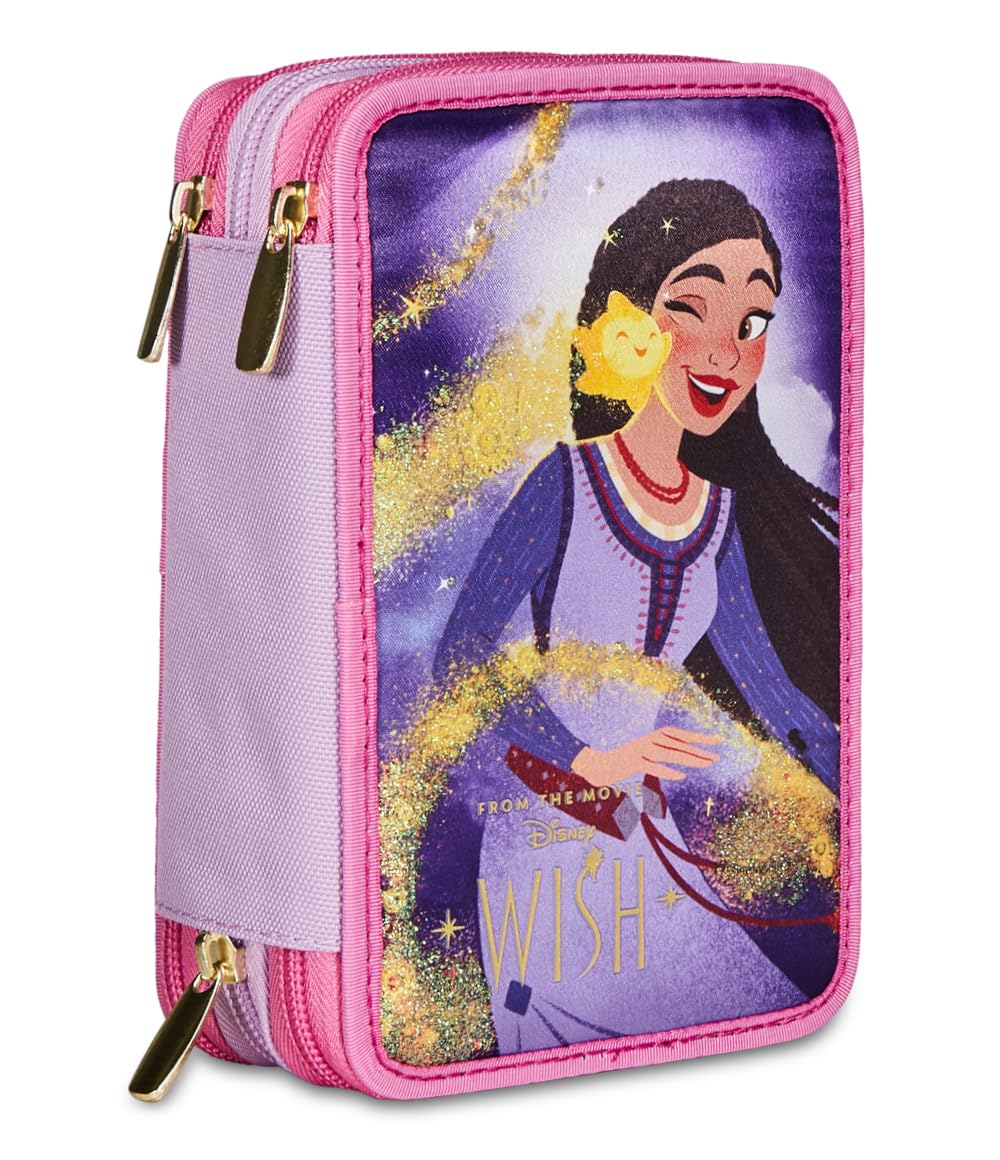 Seven Disney School Pencil Case with 3 Compartments, Wish Strong Heart, Bright Spirit, Multicolour – Multi-Compartment Pen Holder with Pencils, Pens and Colours, Multi-Coloured, Taglia Unica, Modern