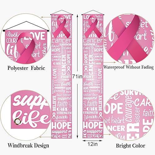 Miniatura 2 de Cartel de concientización sobre el cáncer de mama, decoraciones para puerta de porche, pancarta para exteriores, esperanza y fe, cinta rosa para