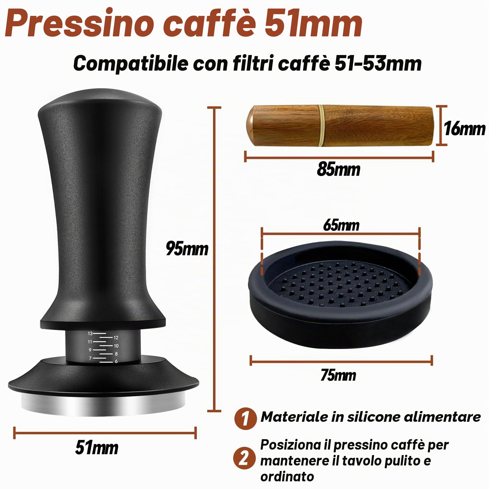 Tamper per caffè 51 mm, Pressino per caffè con Scala Graduata, Tamper per Espresso con wdt Tool, Tamper di caffè in Acciaio Inossidabile, Set di Pressa Caffe e Amanti del caffè